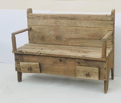 19 th c Antique Folk Art Primitive Rustic Settlers Bench with Drawers