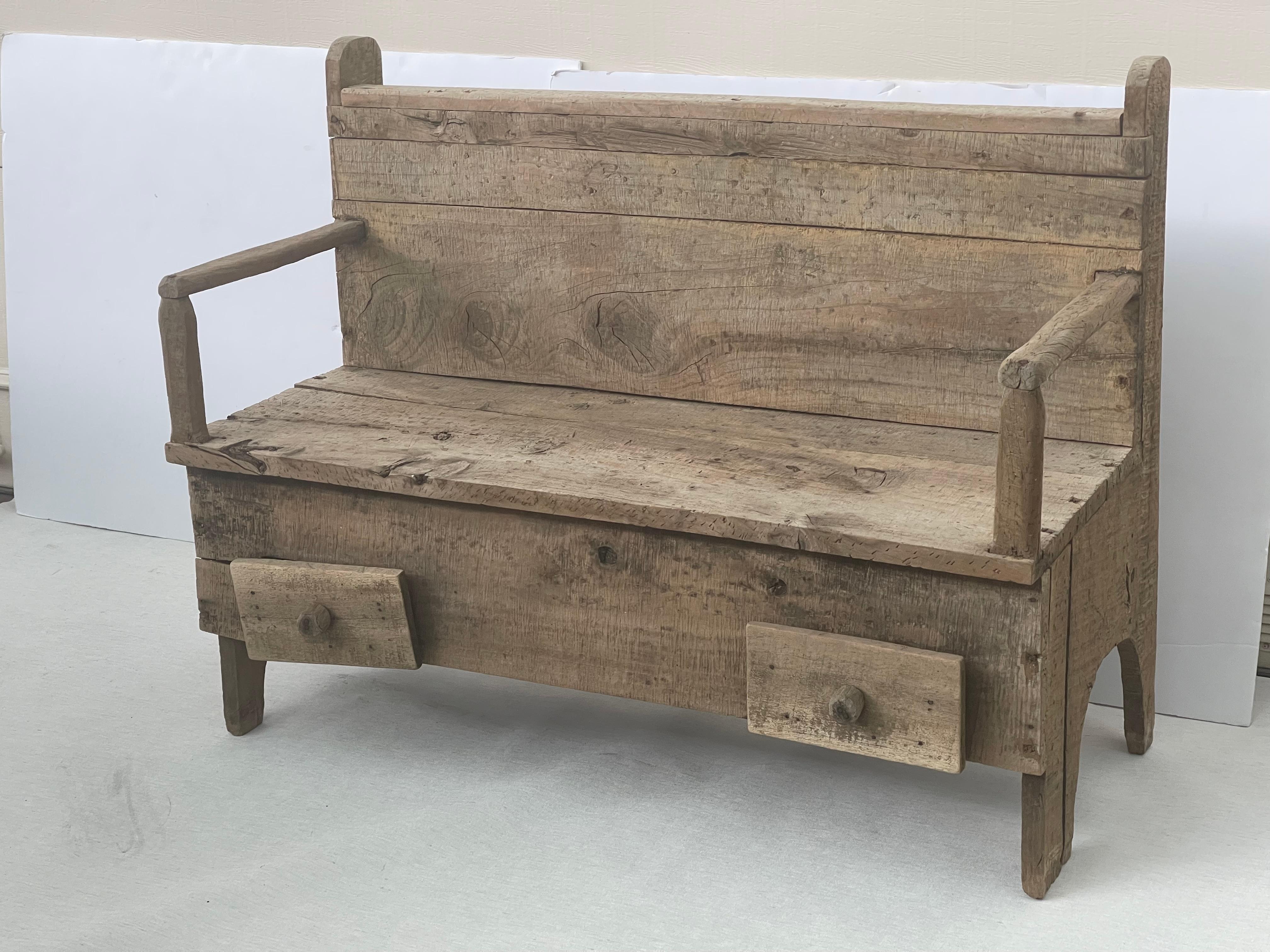 American 19 th c Antique Primitive Rustic Settlers Bench with Drawers
