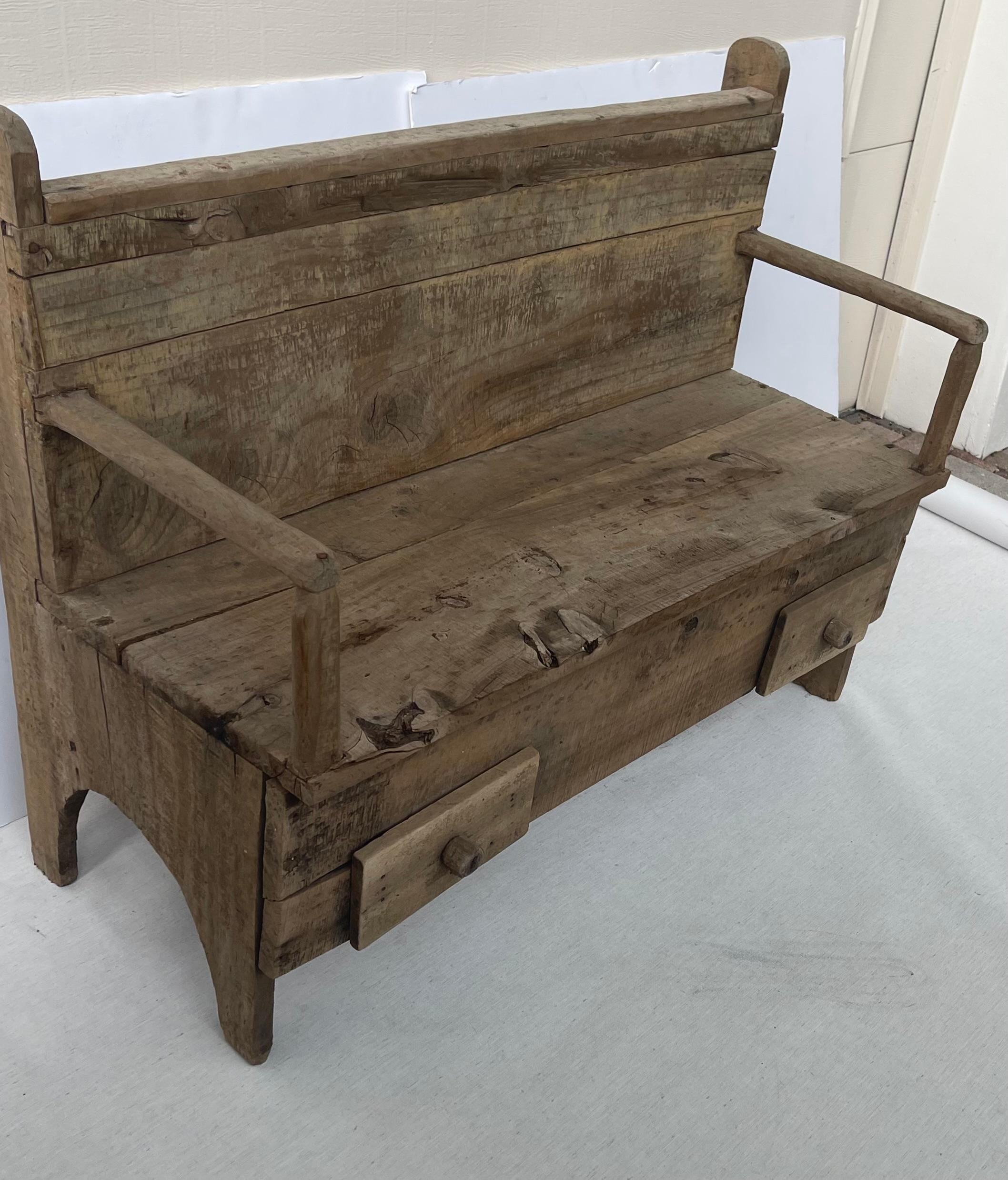 Late 19th Century 19 th c Antique Primitive Rustic Settlers Bench with Drawers