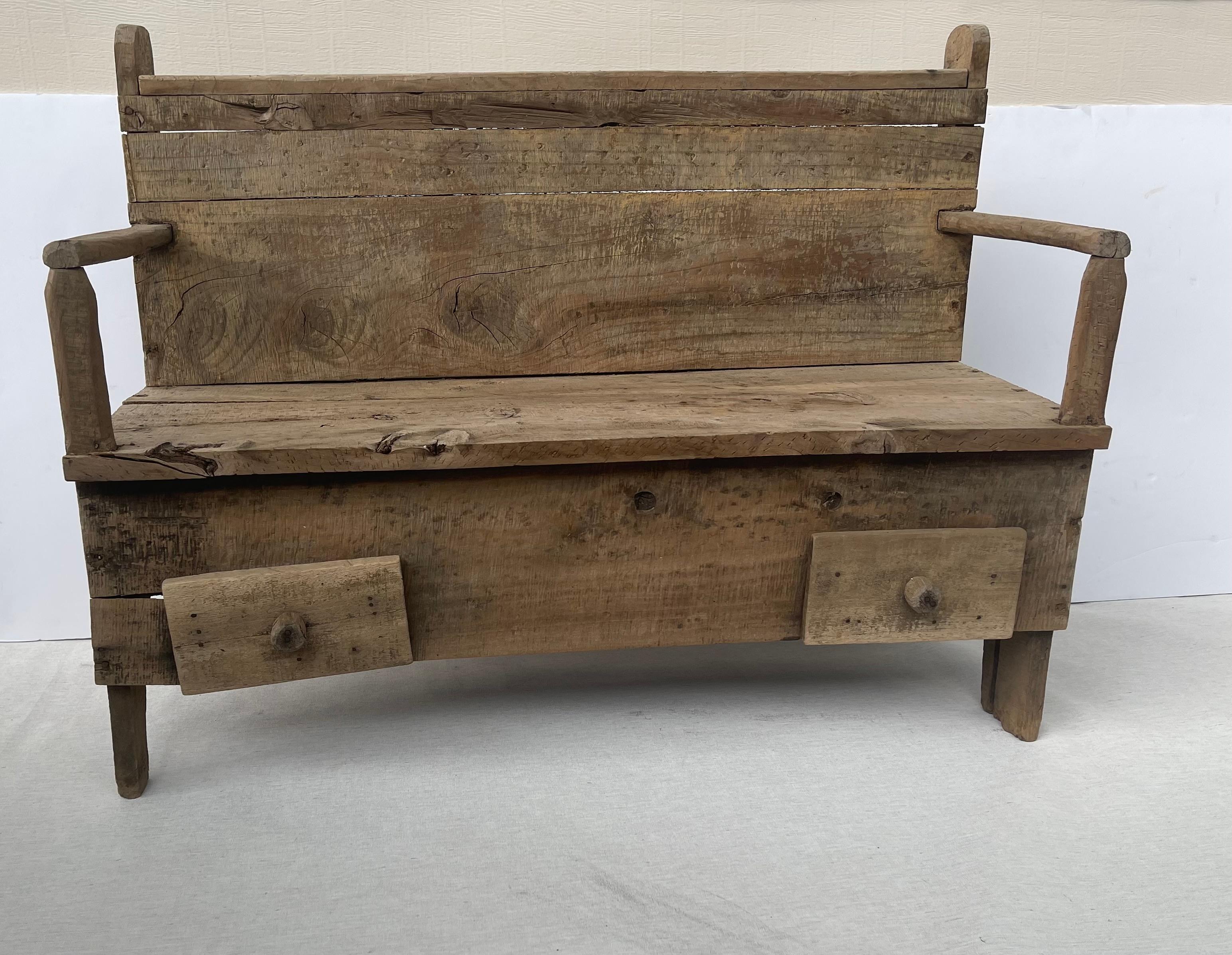 Oak 19 th c Antique Primitive Rustic Settlers Bench with Drawers