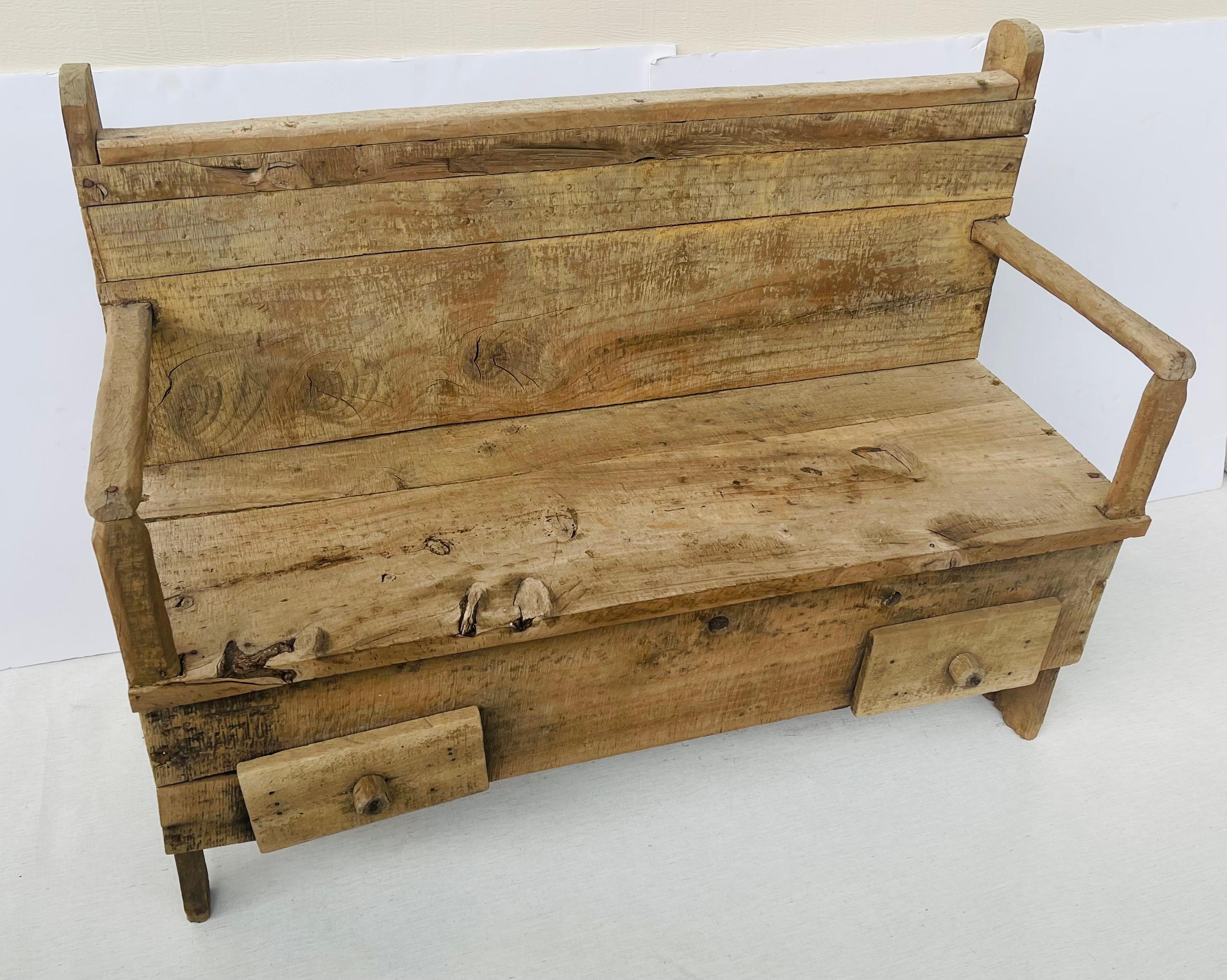 19 th c Antique Primitive Rustic Settlers Bench with Drawers 1