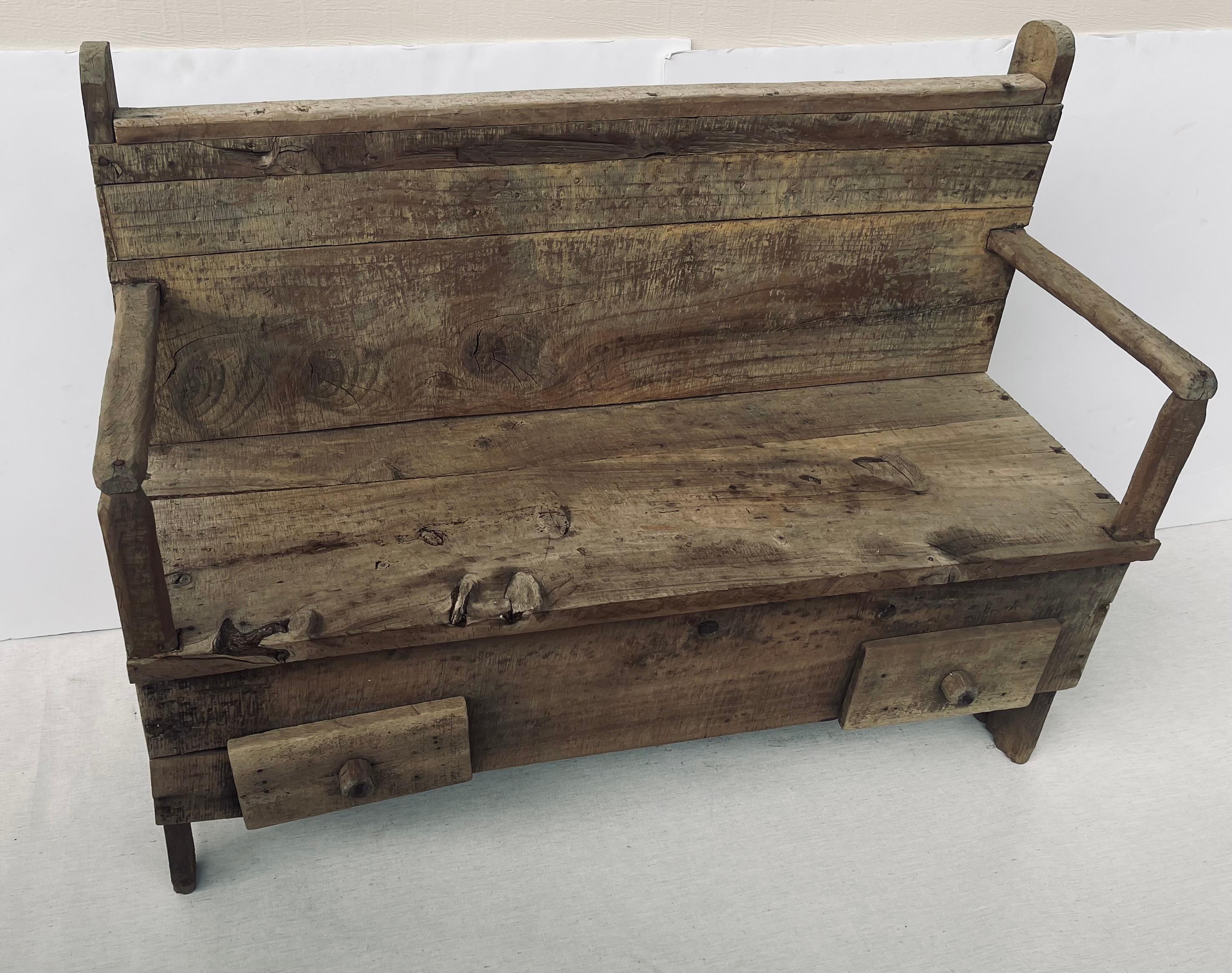 19 th c Antique Primitive Rustic Settlers Bench with Drawers 2