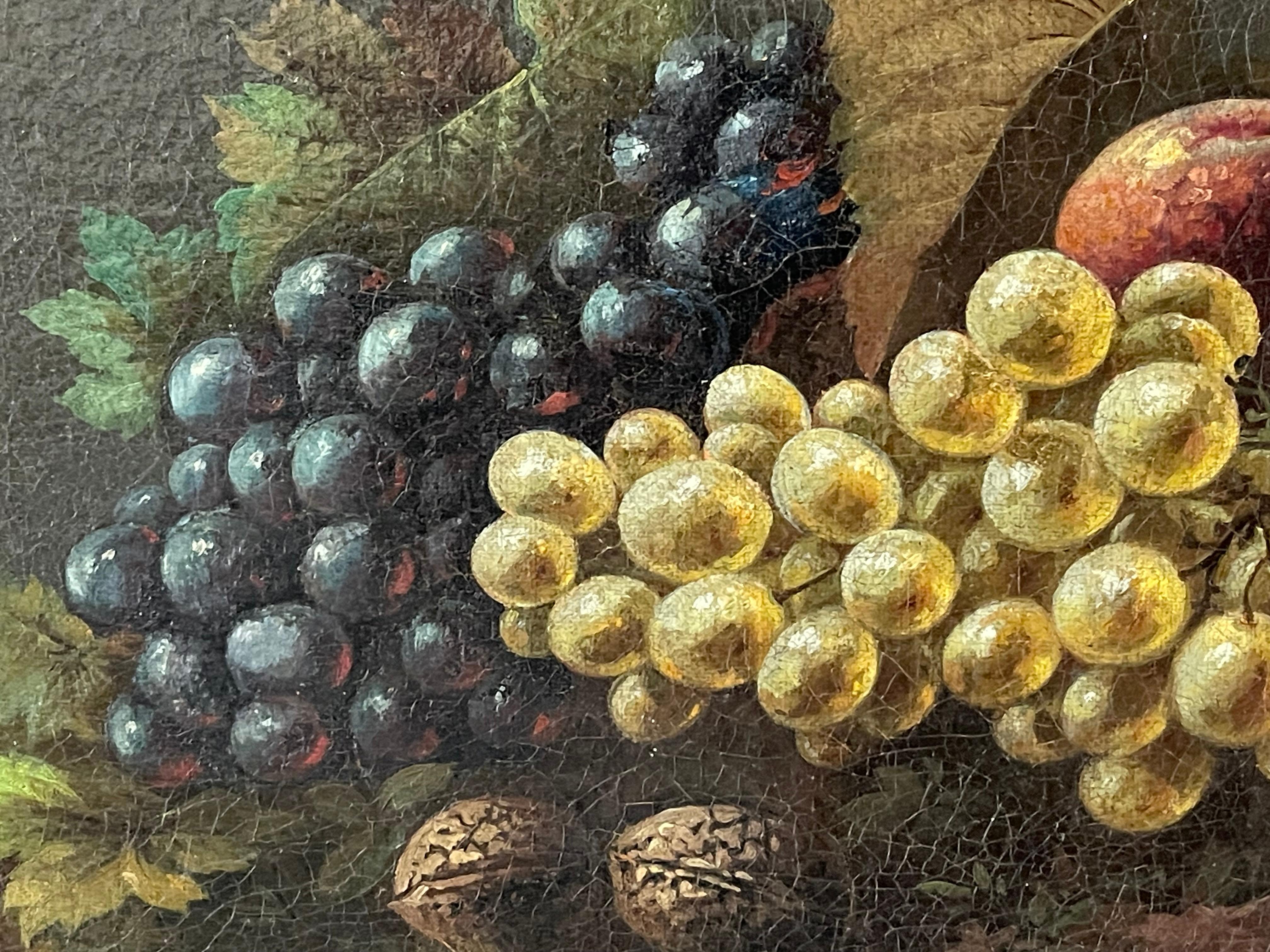 19 th c Antque Öl auf Leinwand Stillleben W Trauben Gemälde im Angebot 2
