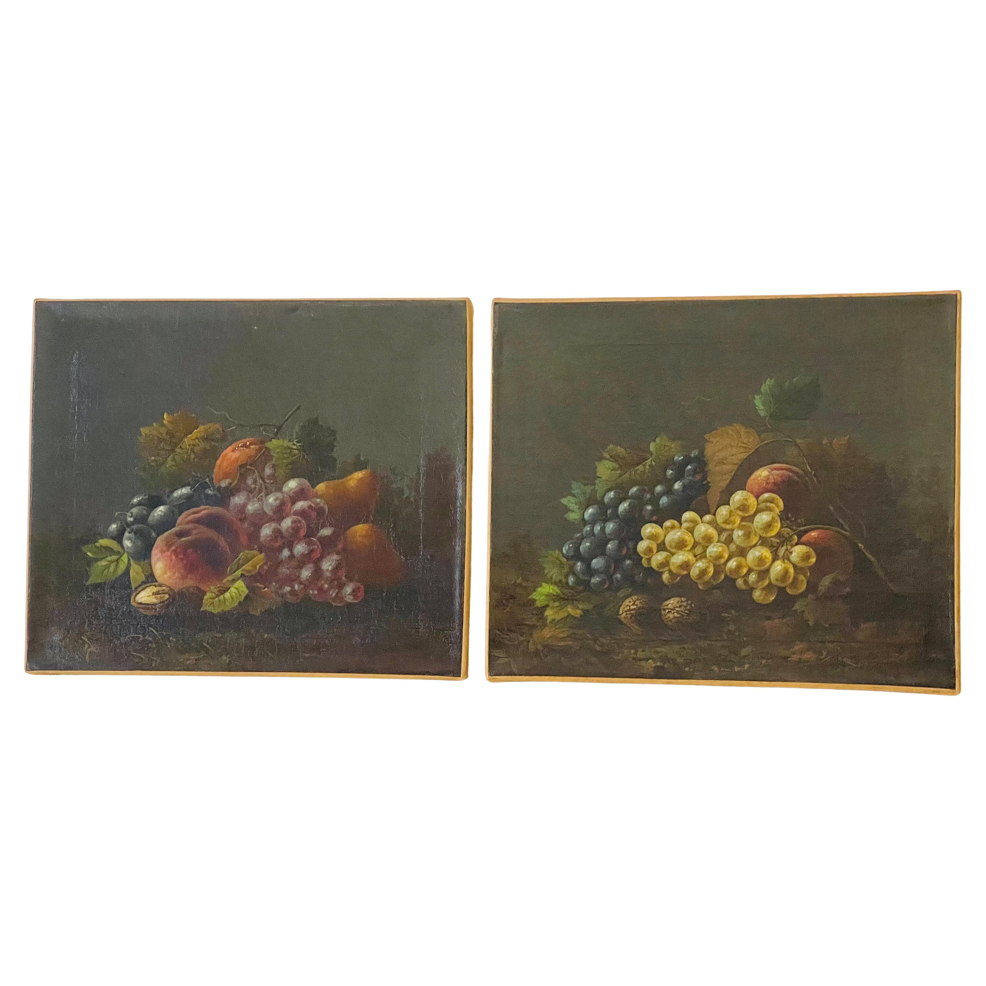 19 th c Antque Öl auf Leinwand Stillleben W Trauben Gemälde im Angebot