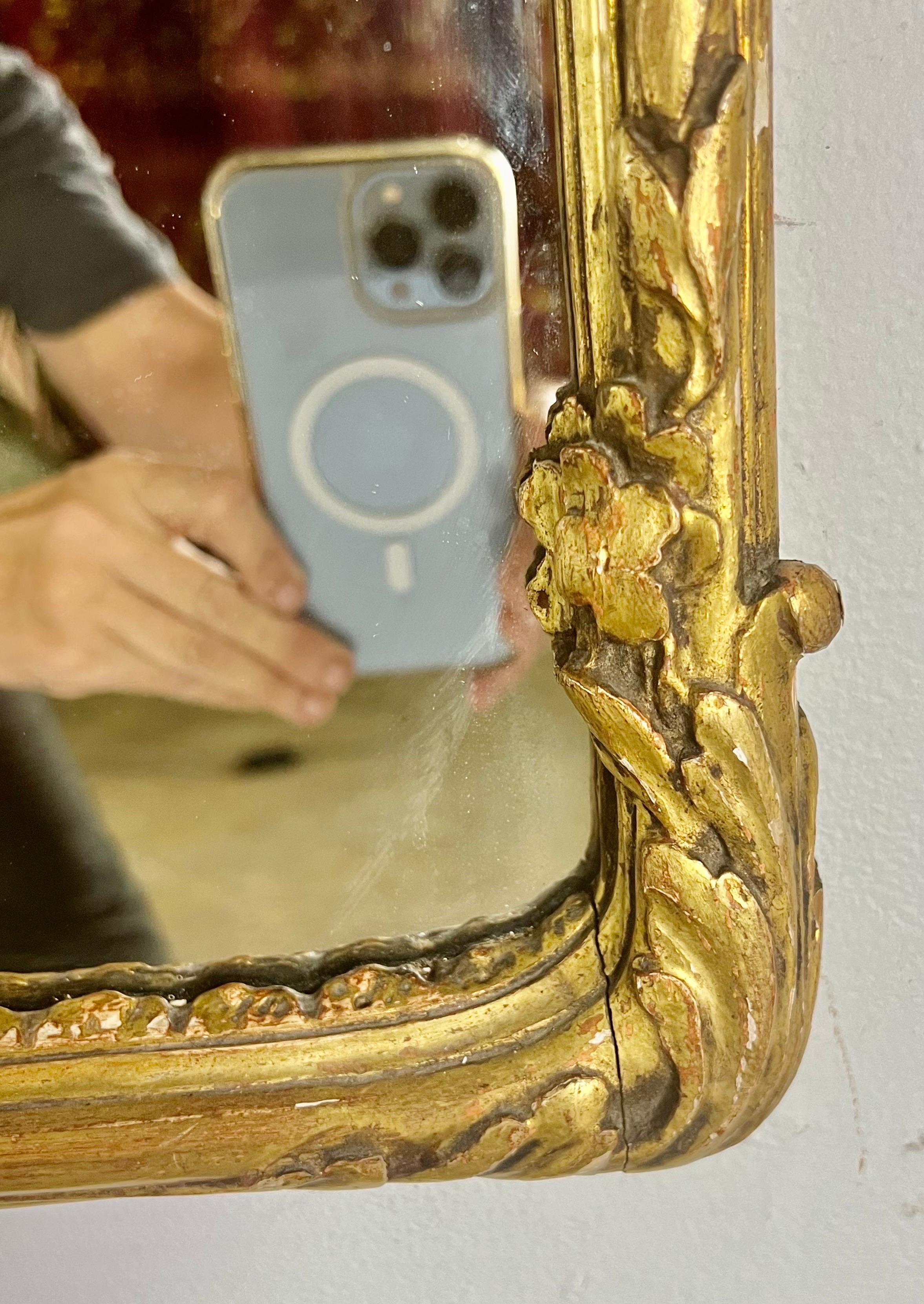 19 th C. French Carved Giltwood Mirror In Distressed Condition In Los Angeles, CA