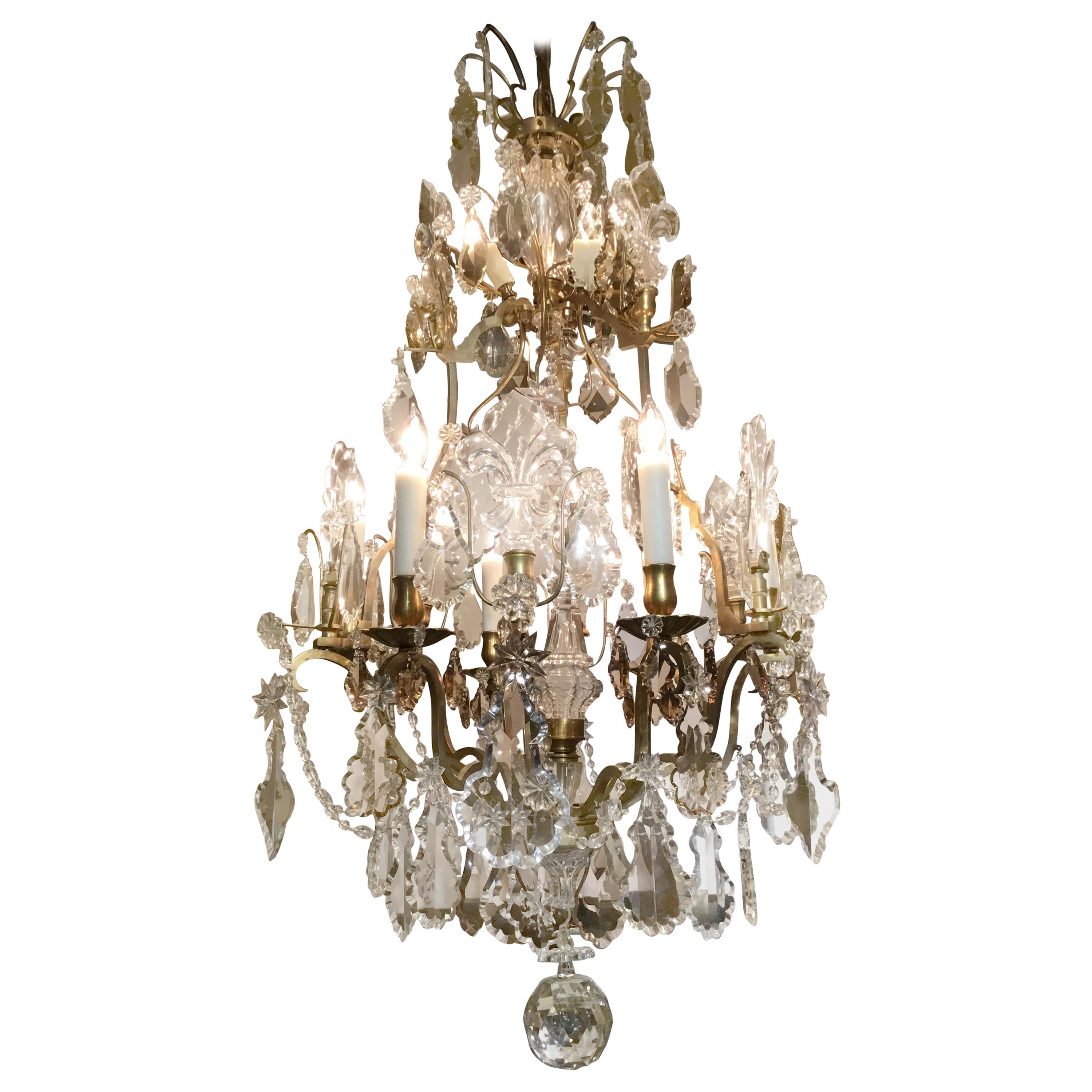 19th Century French Crystal and Gilt Bronze Chandelier with Nine Lights