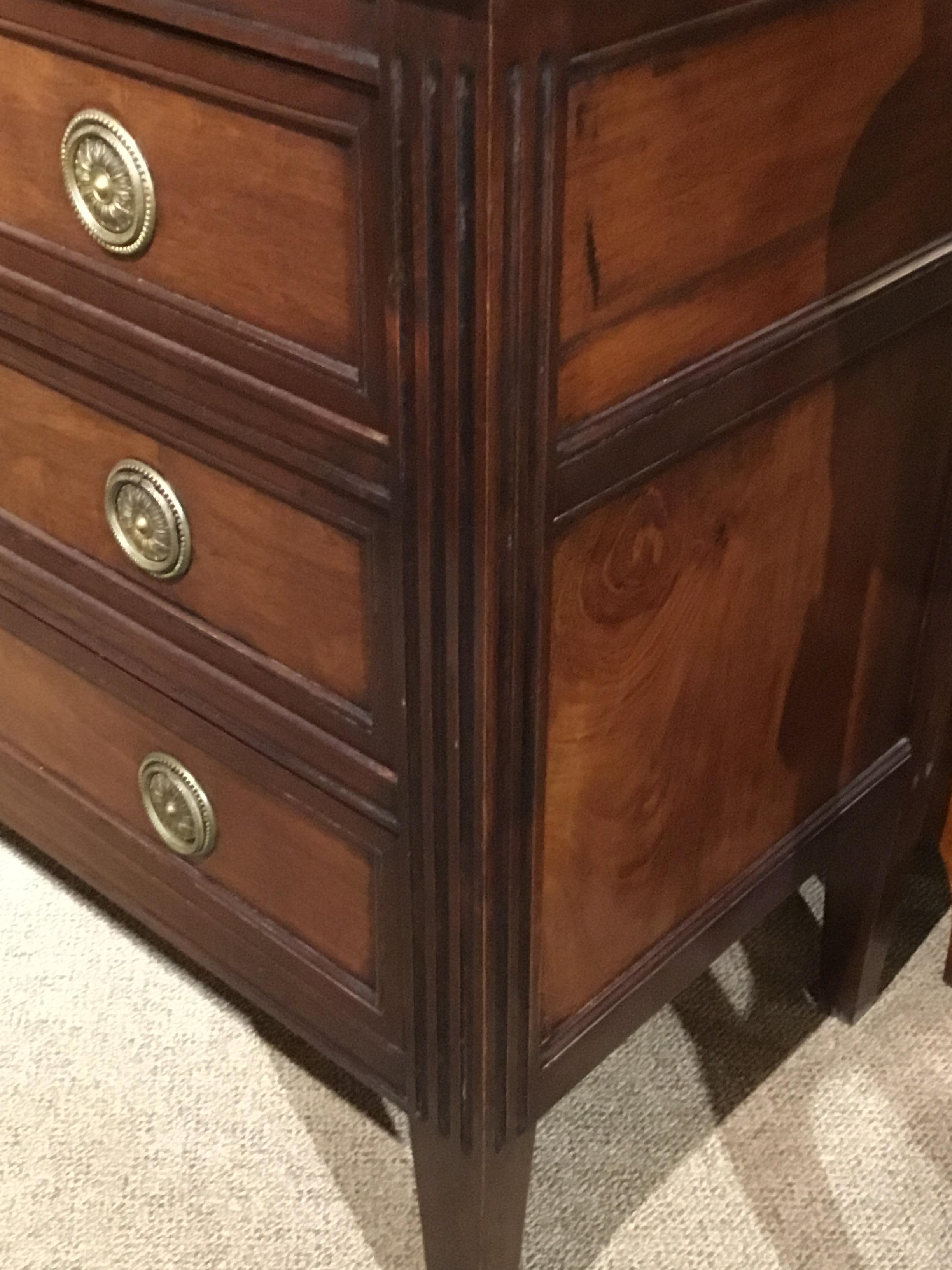 19th Century, Louis XVI Style Walnut Commode/Chest Three Drawers, Marble Top In Good Condition In Houston, TX