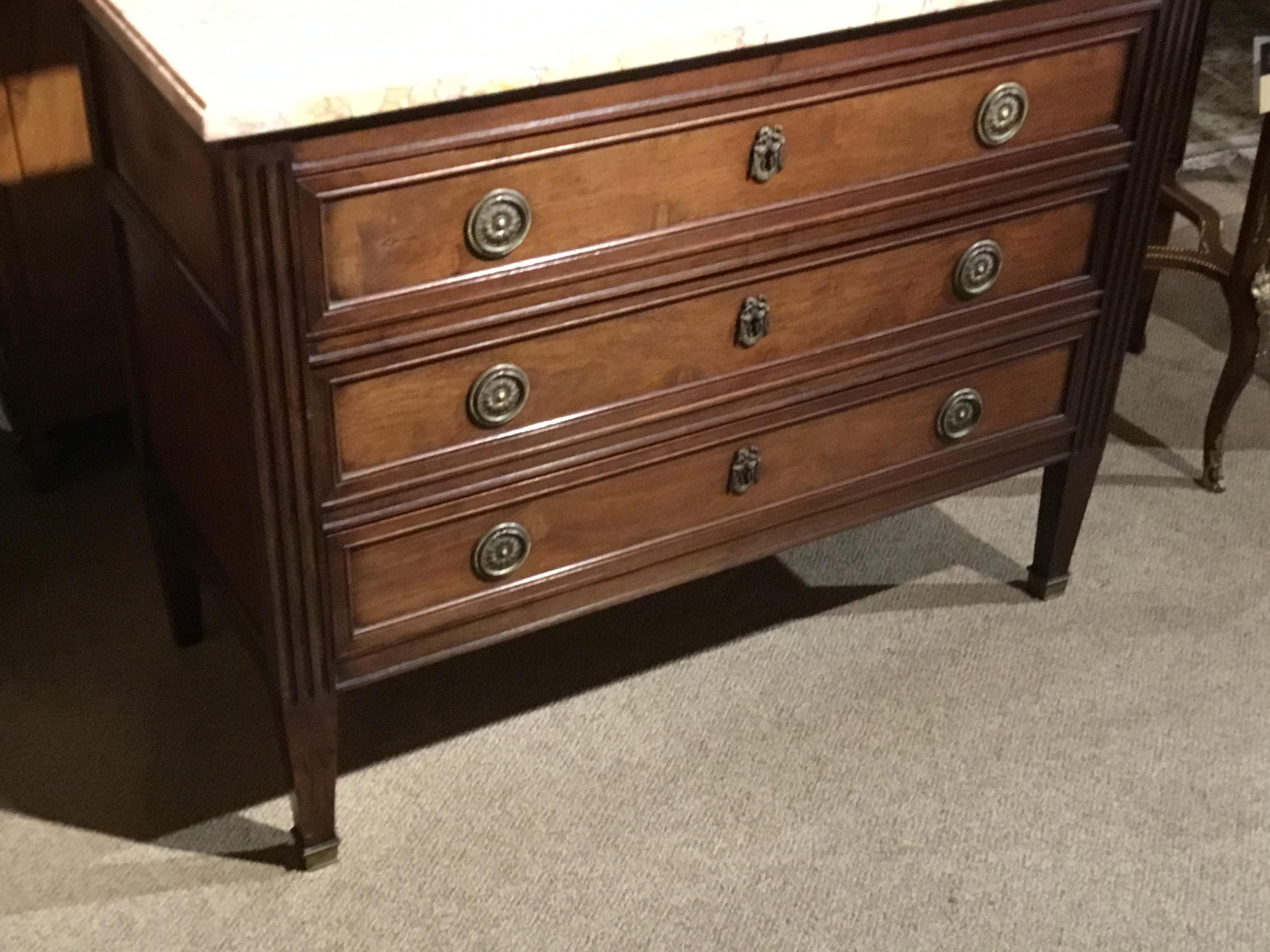 19th Century, Louis XVI Style Walnut Commode/Chest Three Drawers, Marble Top 2