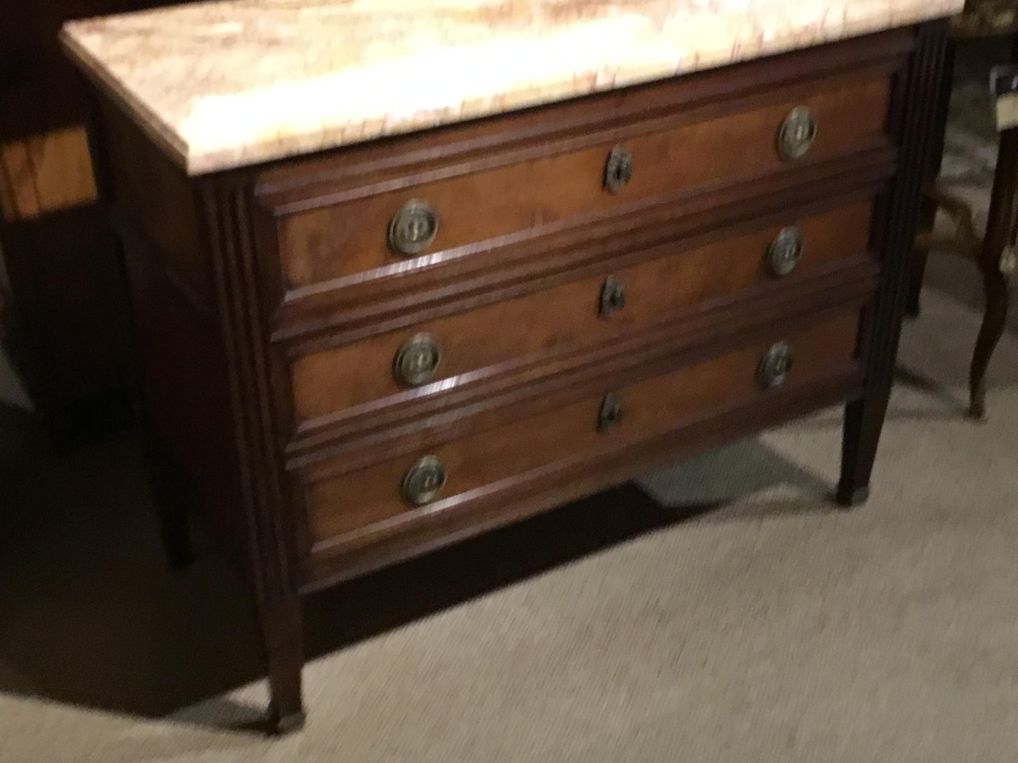 19th Century, Louis XVI Style Walnut Commode/Chest Three Drawers, Marble Top 3