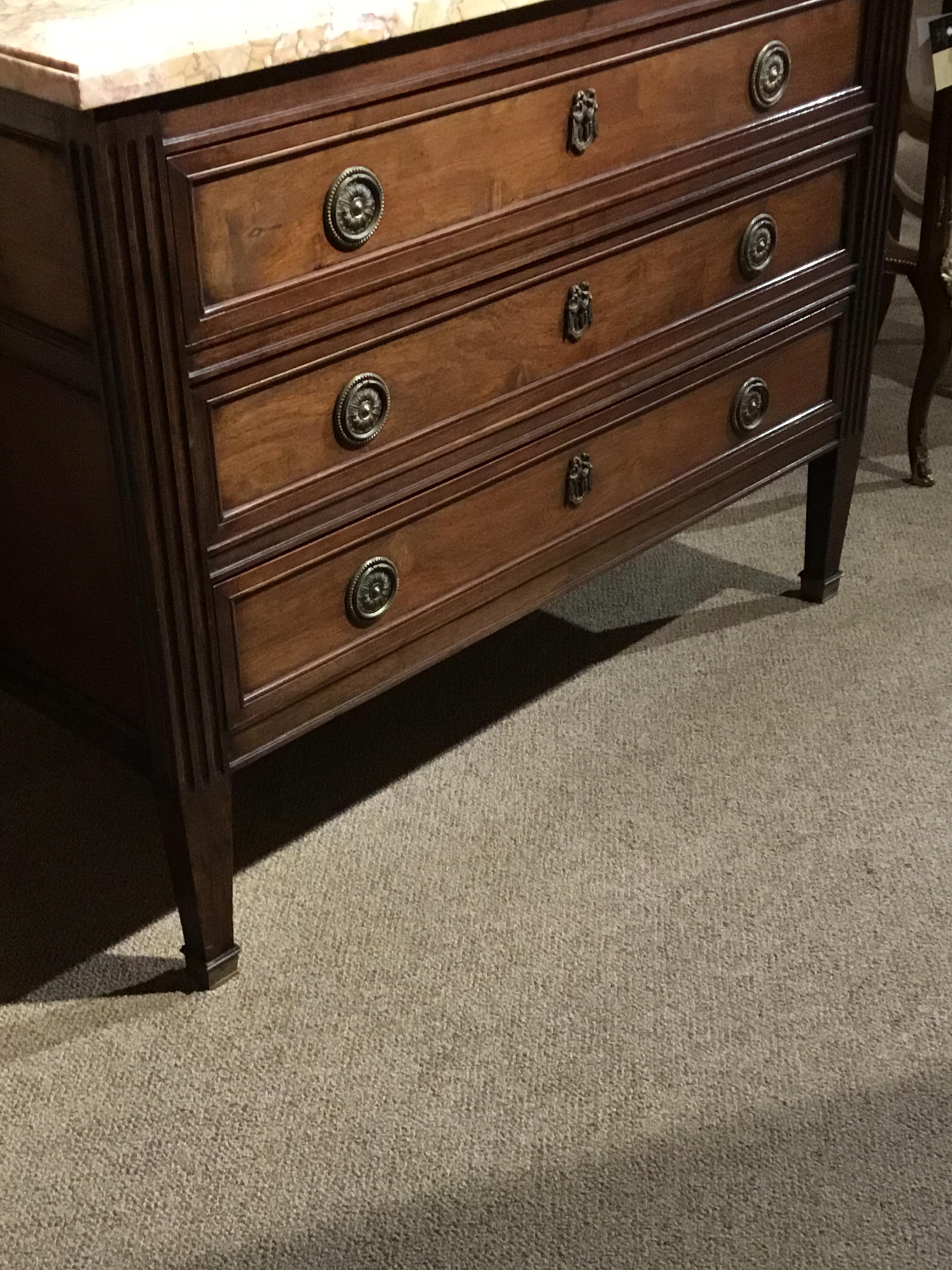 19th Century, Louis XVI Style Walnut Commode/Chest Three Drawers, Marble Top 4