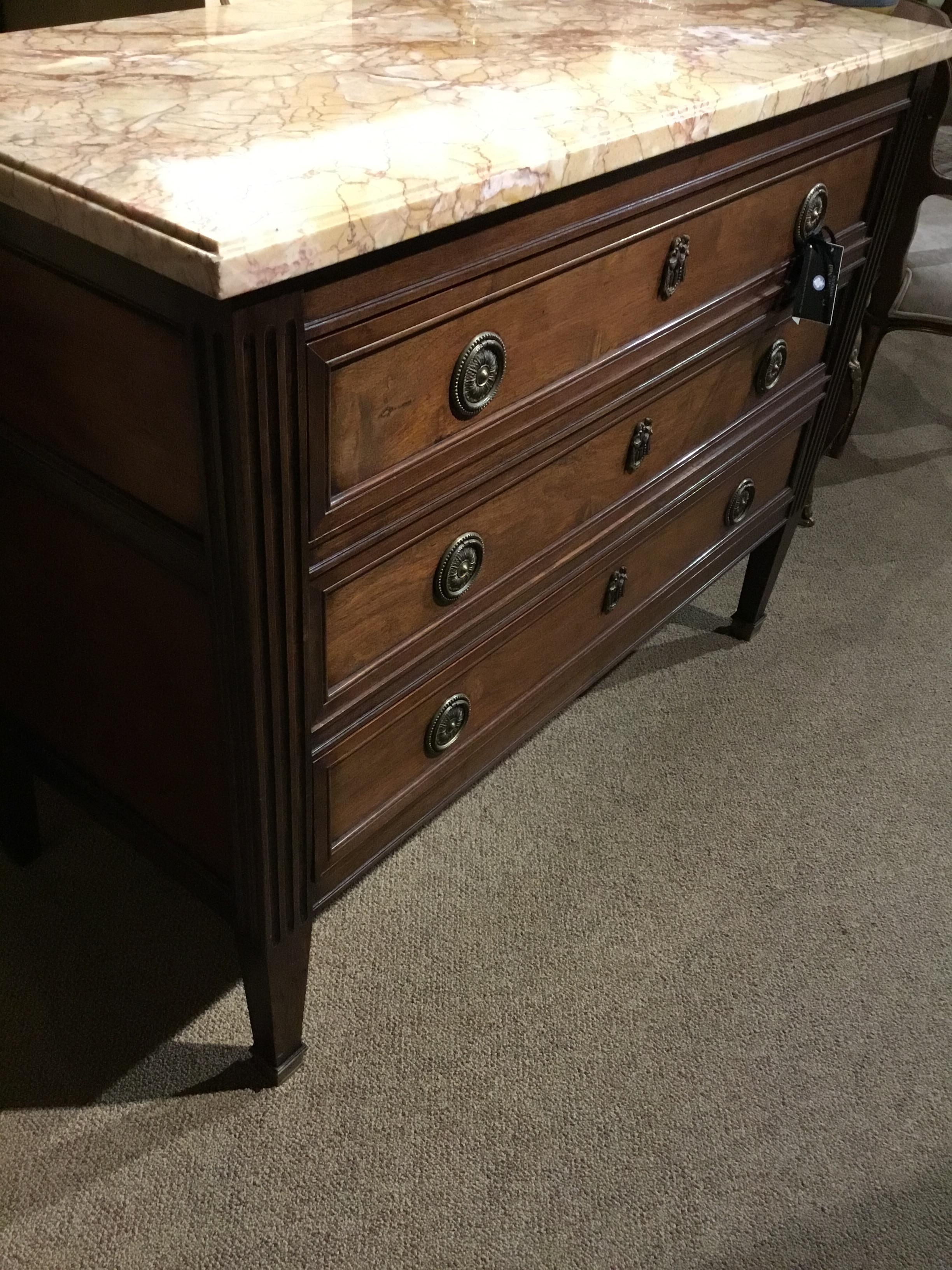 19th Century, Louis XVI Style Walnut Commode/Chest Three Drawers, Marble Top 6