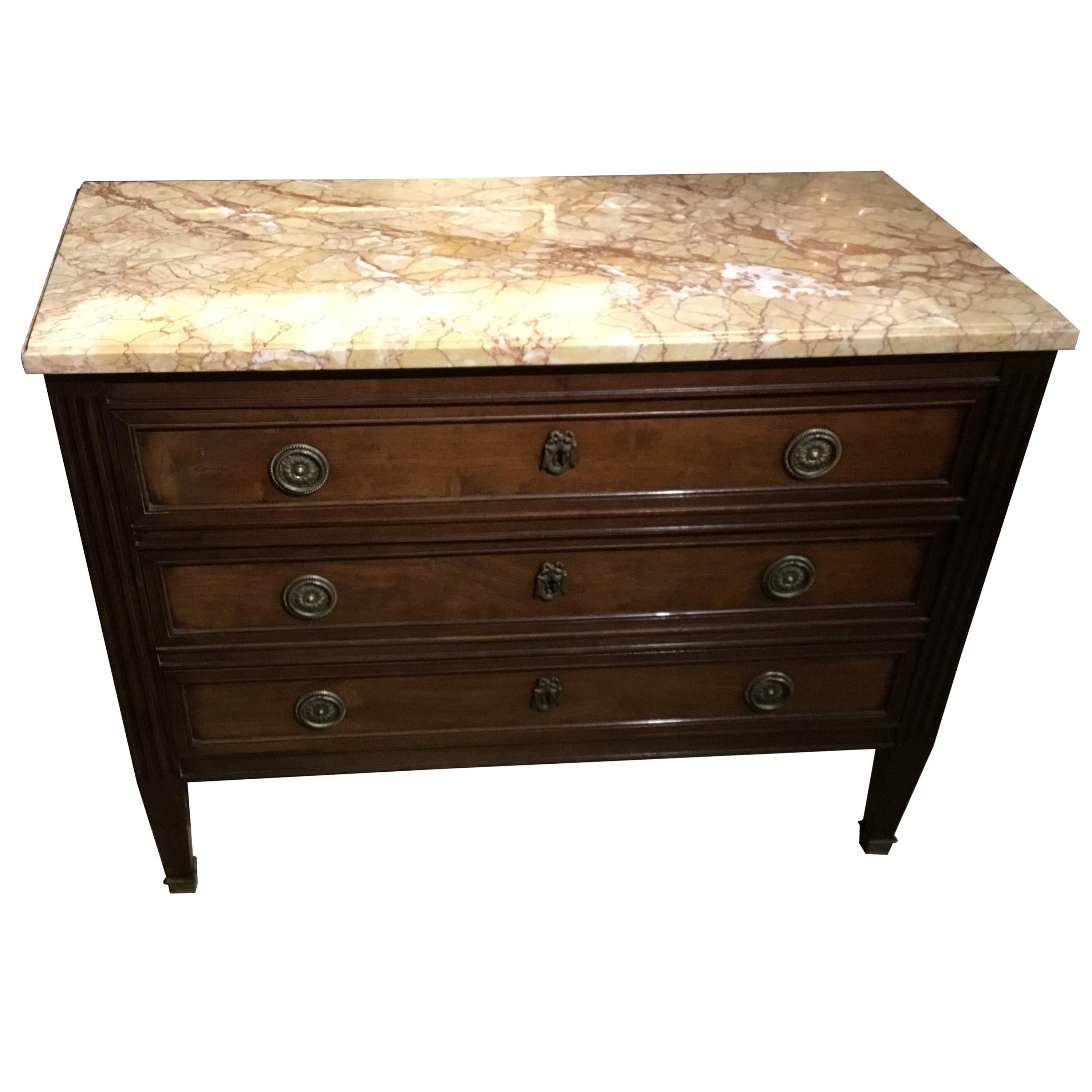 19th Century, Louis XVI Style Walnut Commode/Chest Three Drawers, Marble Top