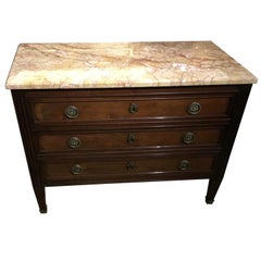 19th Century, Louis XVI Style Walnut Commode/Chest Three Drawers, Marble Top
