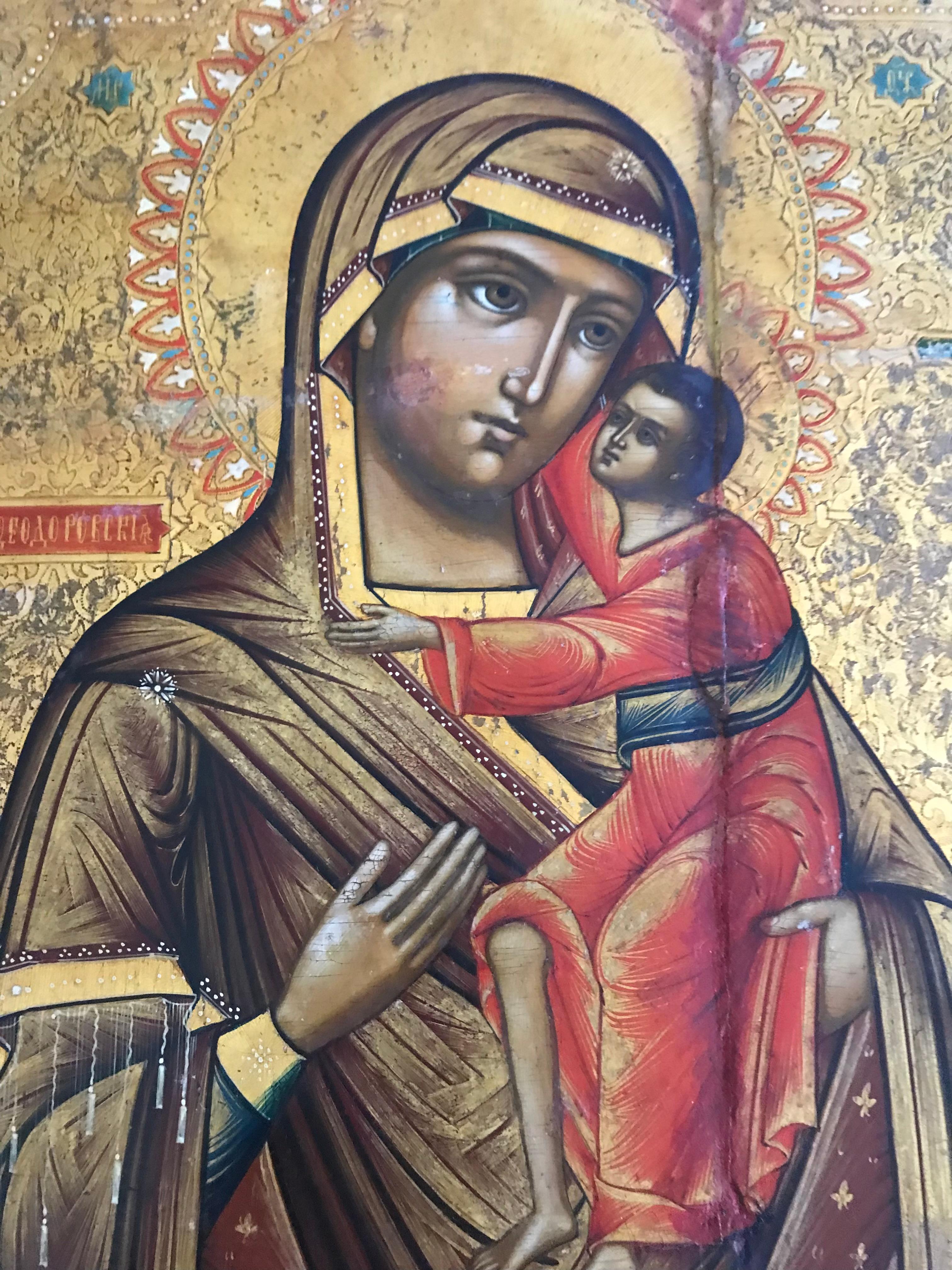 María ortodoxa con Jesús, siglo XIX Temple sobre madera  Icono en venta 1
