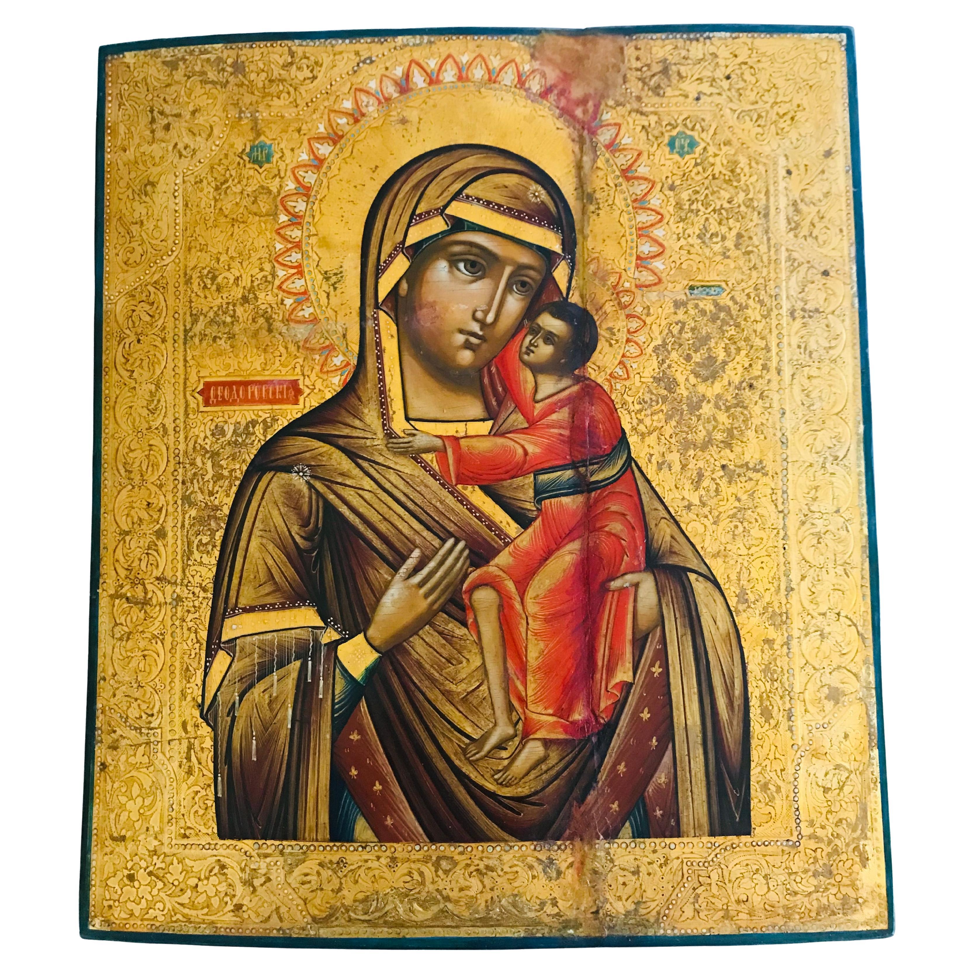 María ortodoxa con Jesús, siglo XIX Temple sobre madera  Icono