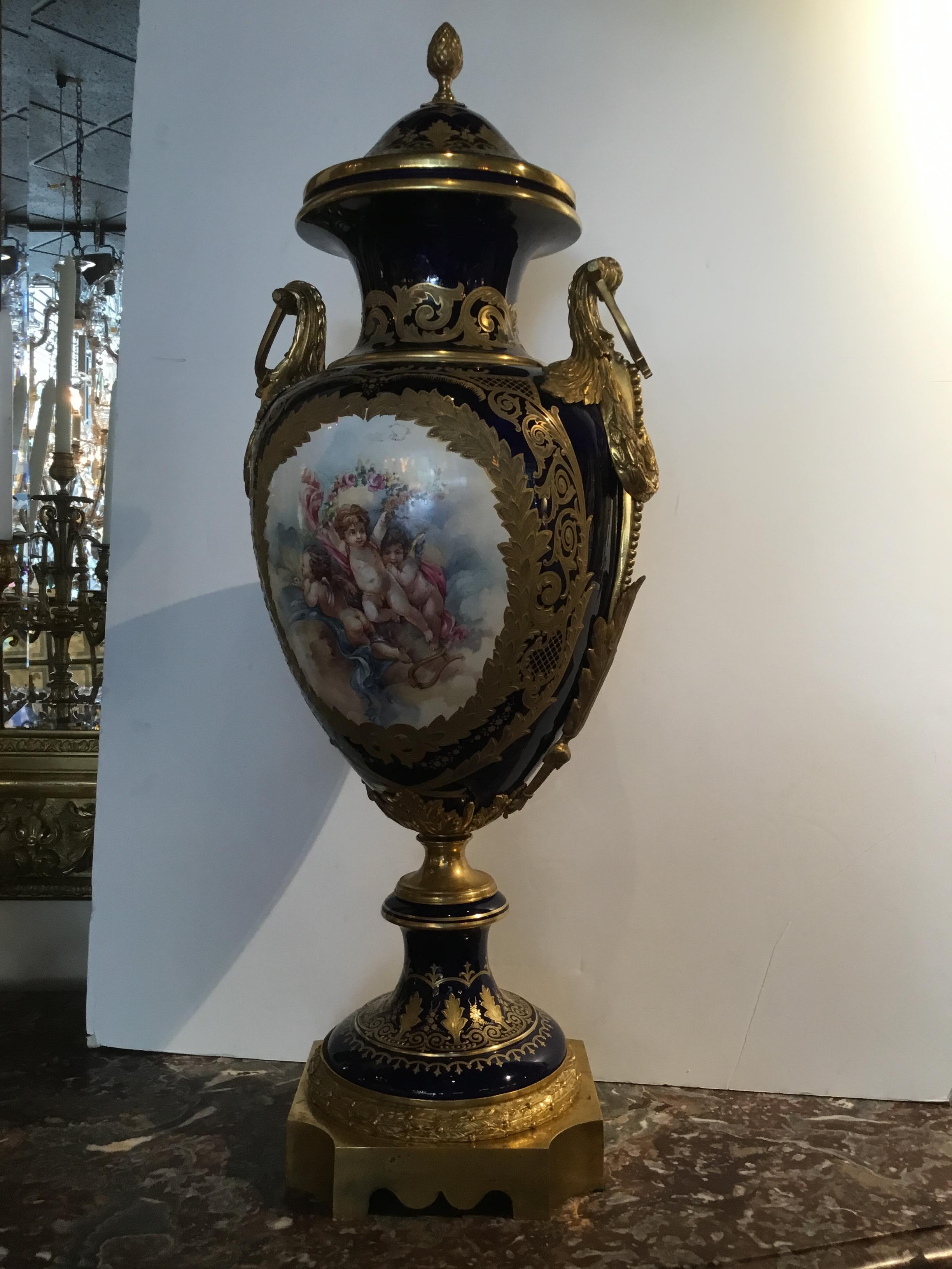 Painted 19th Century Serves Porcelain Urn Mounted in Bronze Doré Mounts For Sale