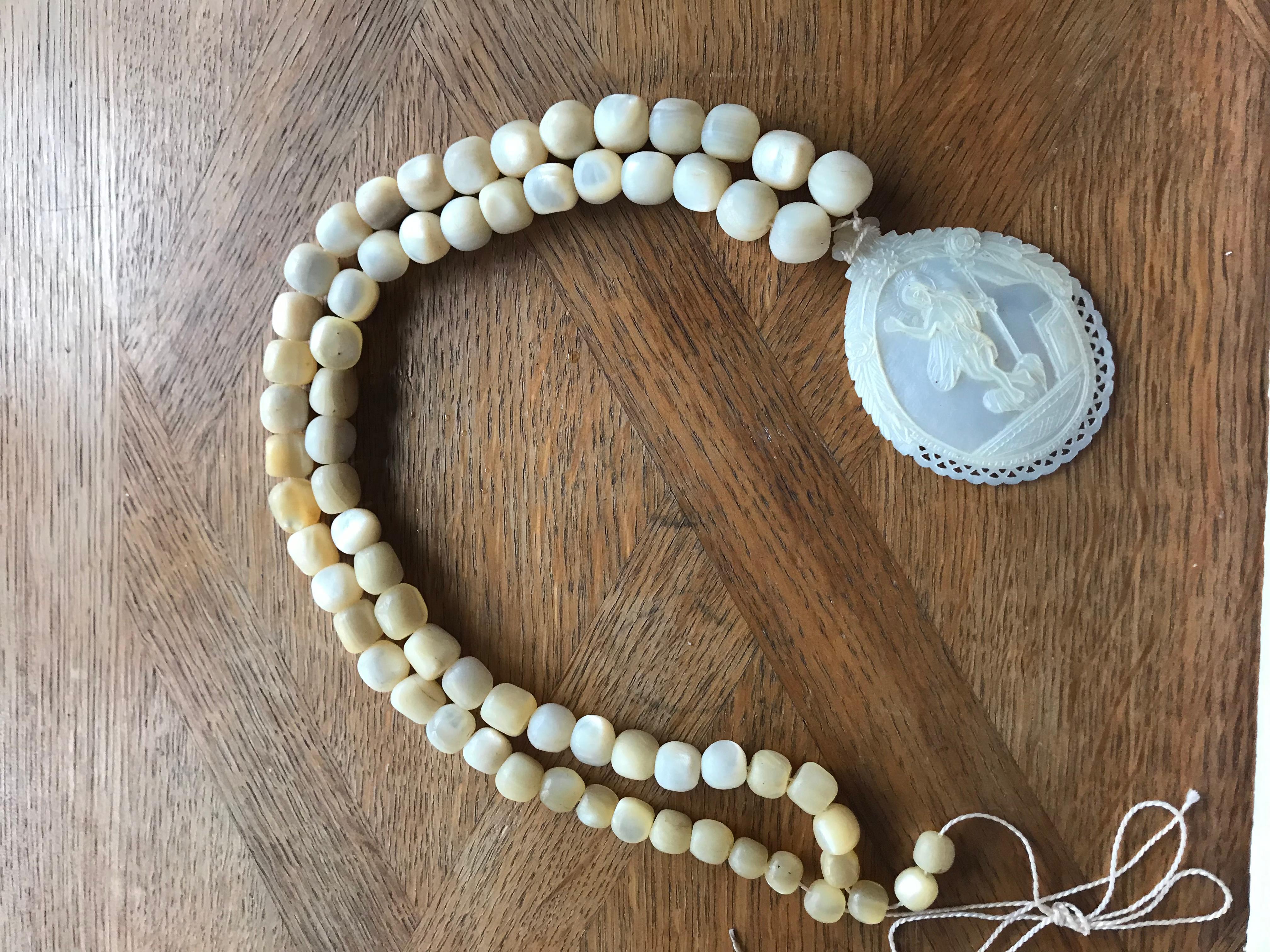 Austrian 19th Century Antique Mother of Pearl Religious Beads with Medallion