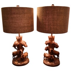 Antique 19th Century Black Forest Pair of Table Lamps Hand-Carved Sculptures