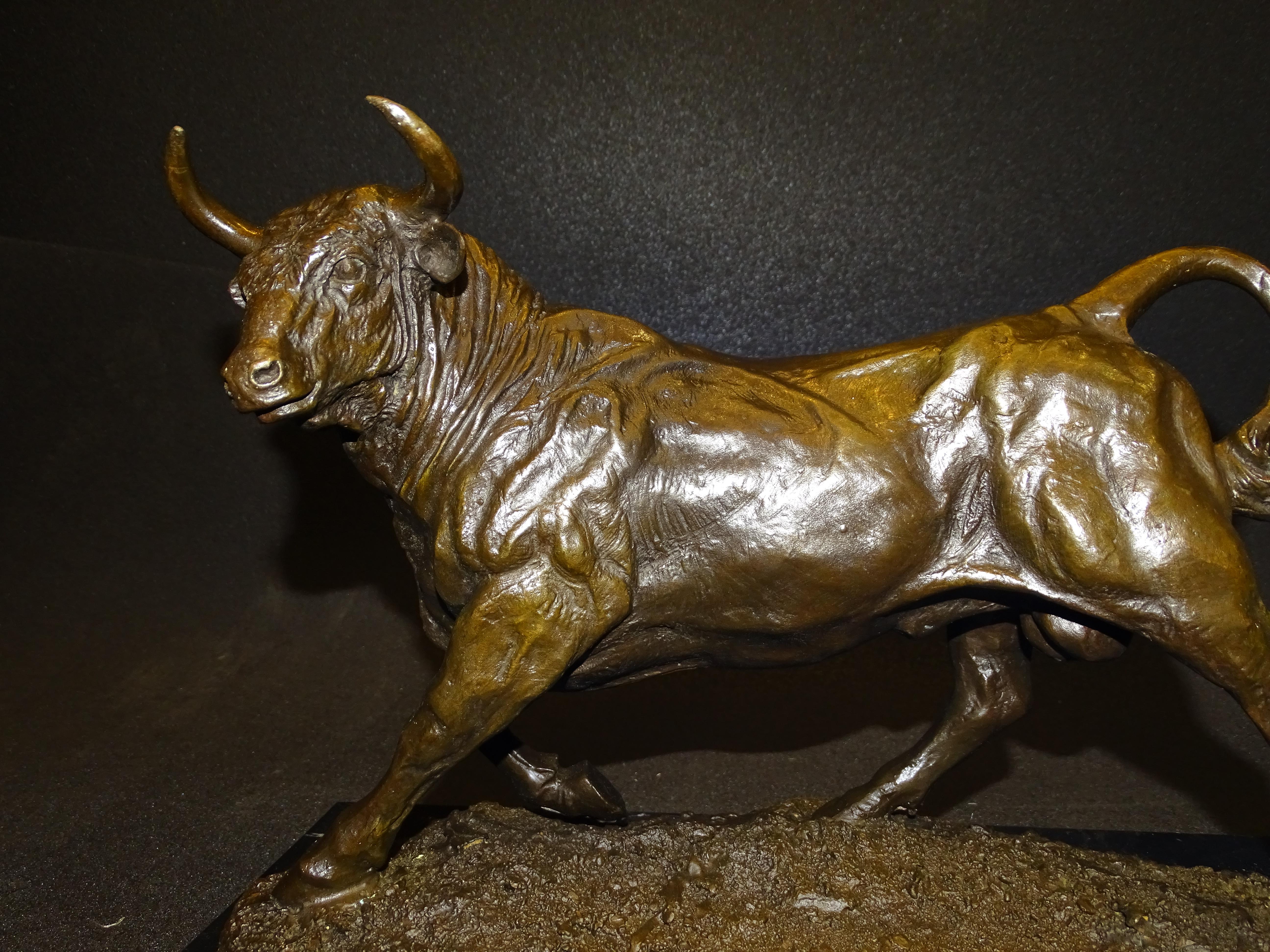 19th Century Bronze Bull, Animal Sculpture by Barye, Signed 5