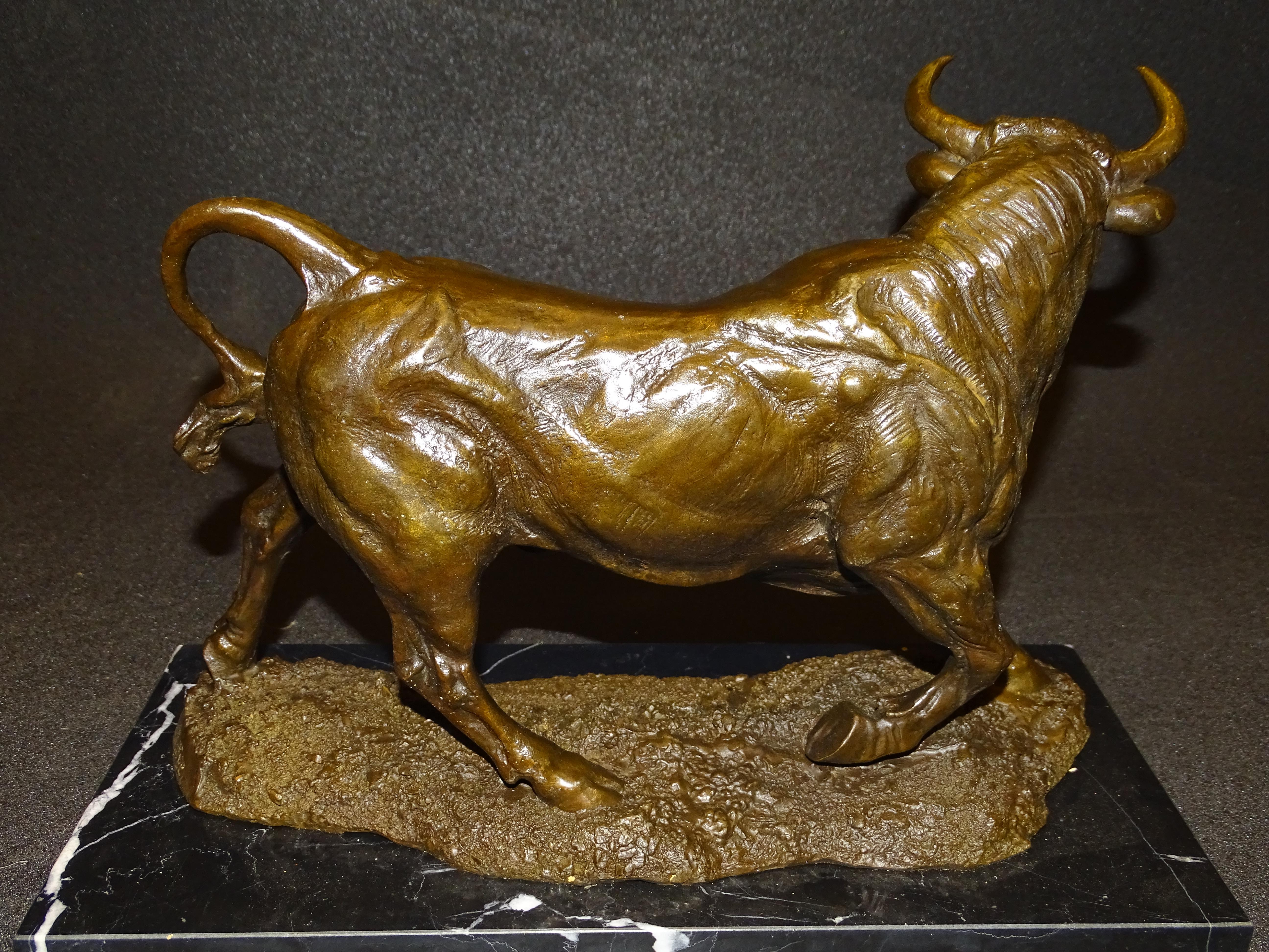 19th Century Bronze Bull, Animal Sculpture by Barye, Signed 10