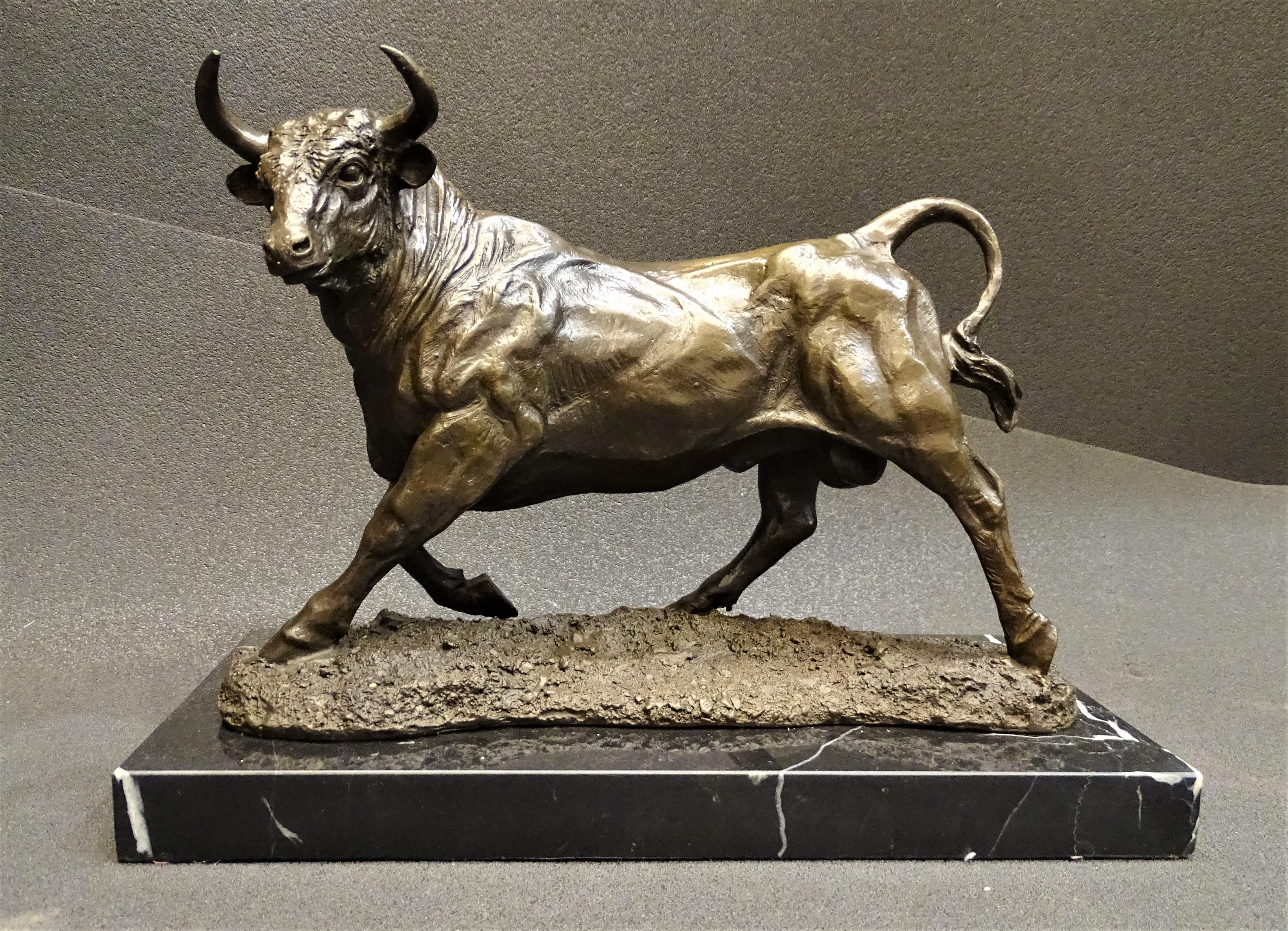 19th Century Bronze Bull, Animal Sculpture by Barye, Signed 13