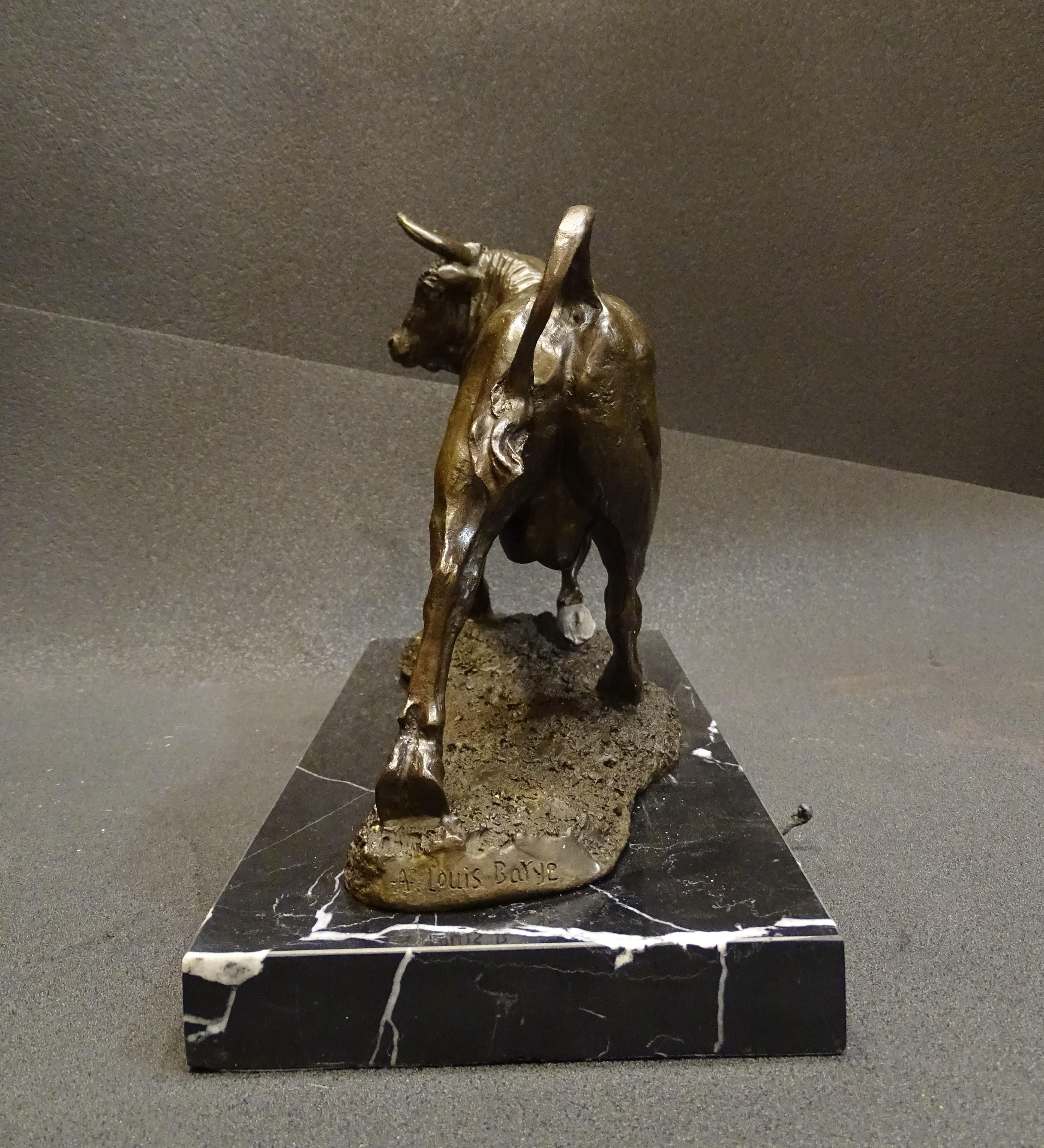 French 19th Century Bronze Bull, Animal Sculpture by Barye, Signed
