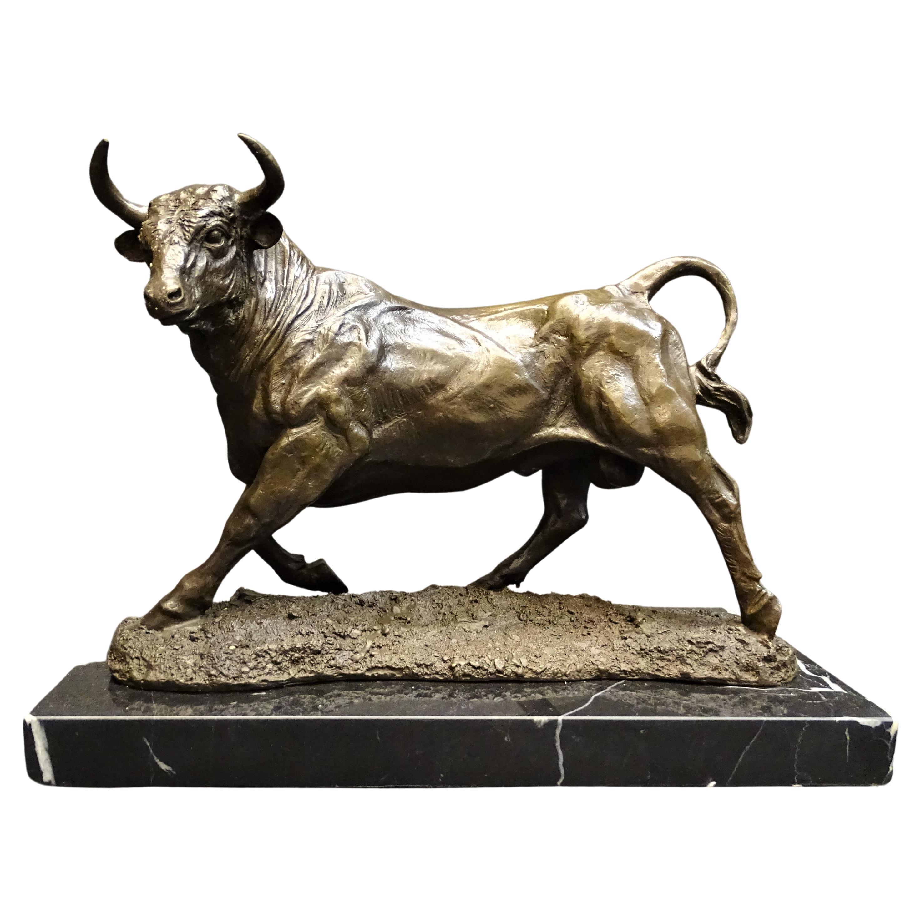 19th Century Bronze Bull, Animal Sculpture by Barye, Signed