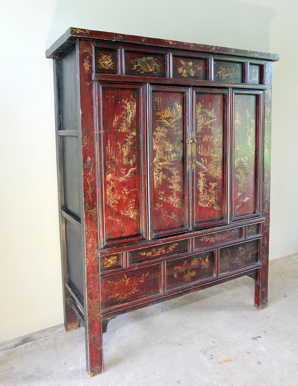 19th Century Chinese Cabinet Shanxi Province Red Lacquer and Gold 1
