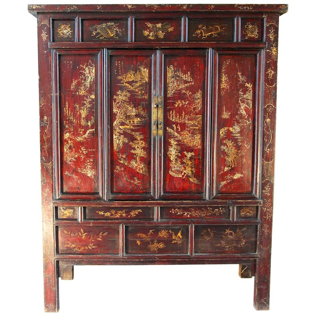 19th Century Chinese Cabinet Shanxi Province Red Lacquer and Gold