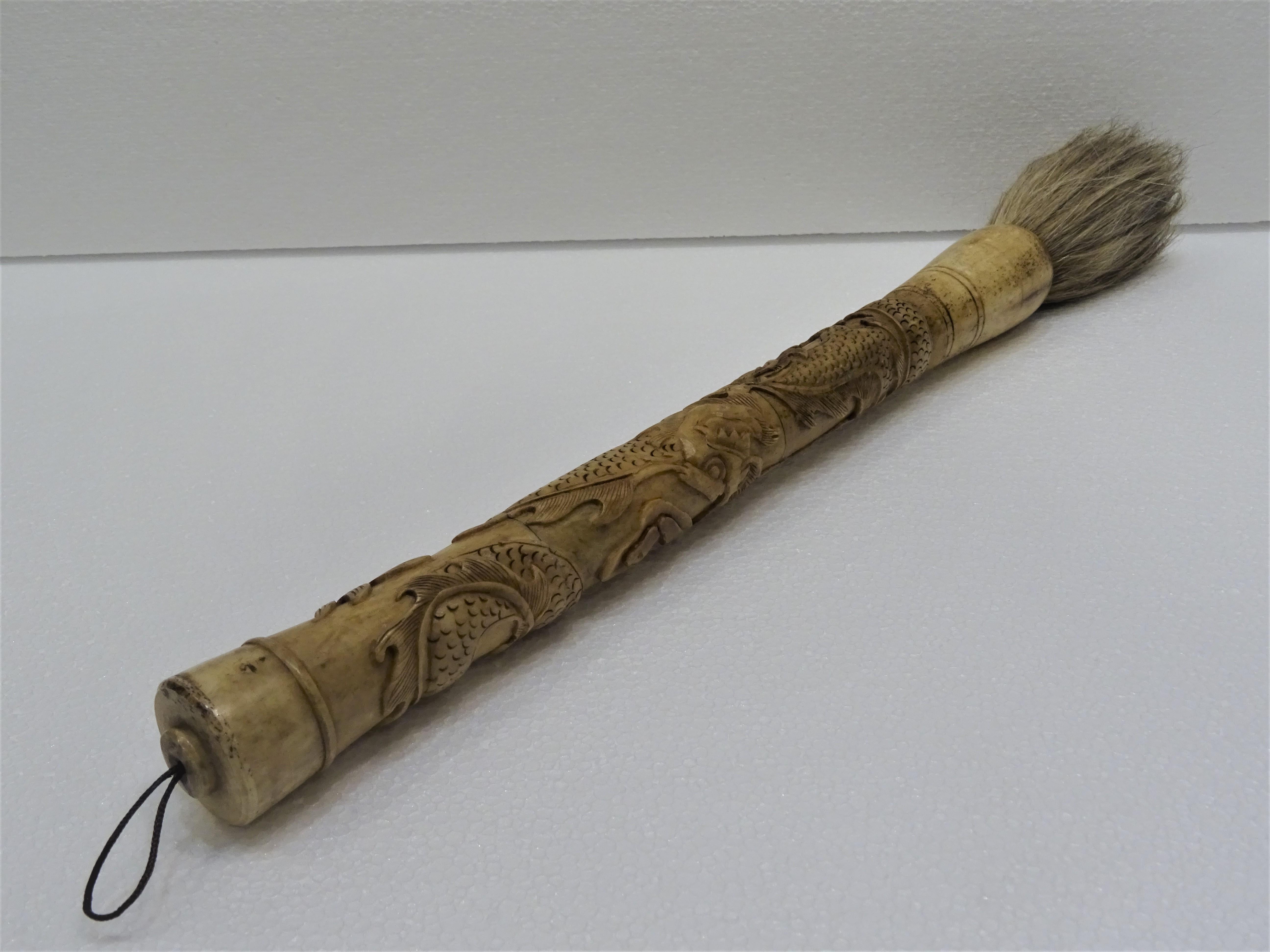 19th Century Chinese Carved Bone and Horsehair Brush 1