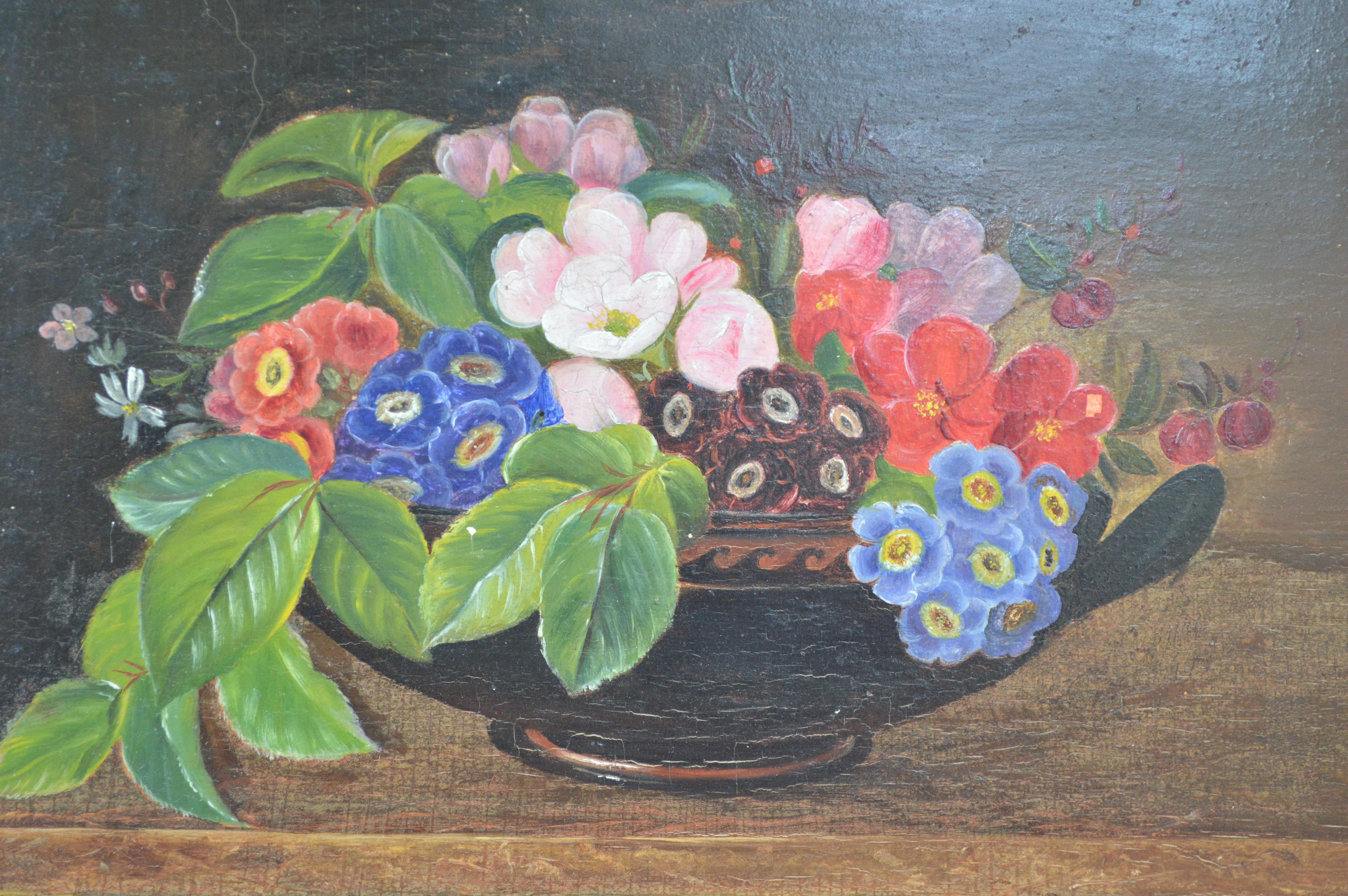 Flowers (Pansy) in a classical bowl on a marble table - oil on mahogany, in a gilded wooden frame.