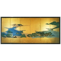 Antique 19th Century Edo Landscape Japanese Six-Panels Folding Screen in Gold Leaf