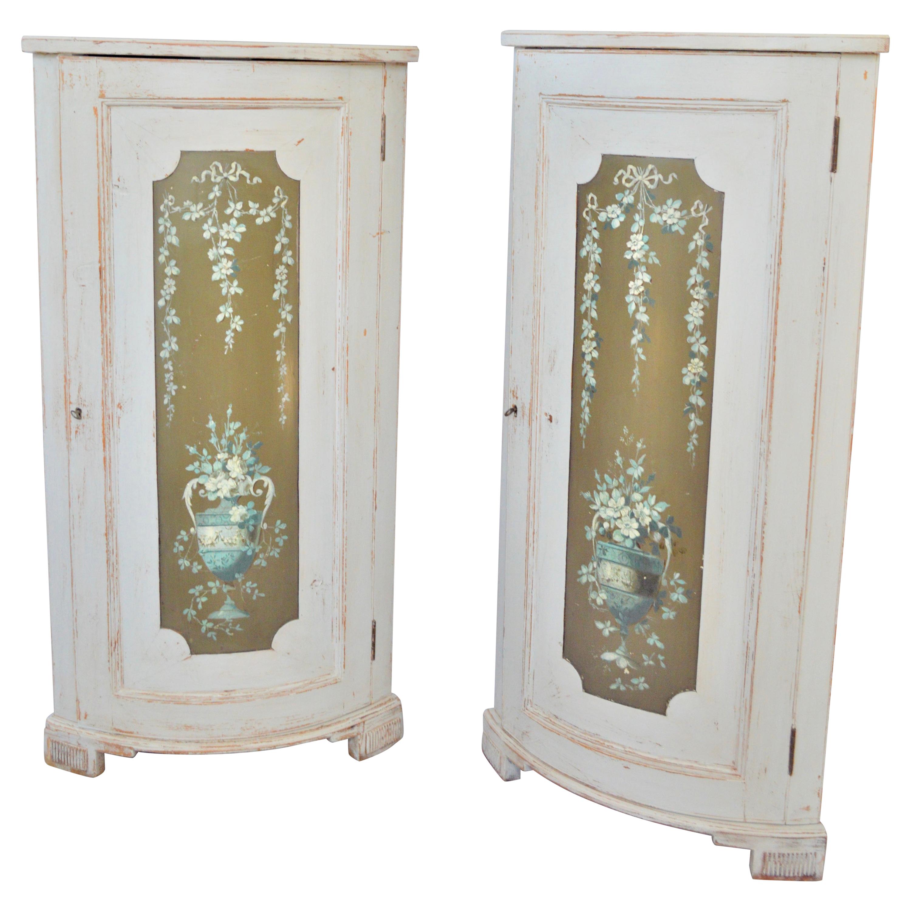 19th Century Flower Decorated Corner Cabinets For Sale