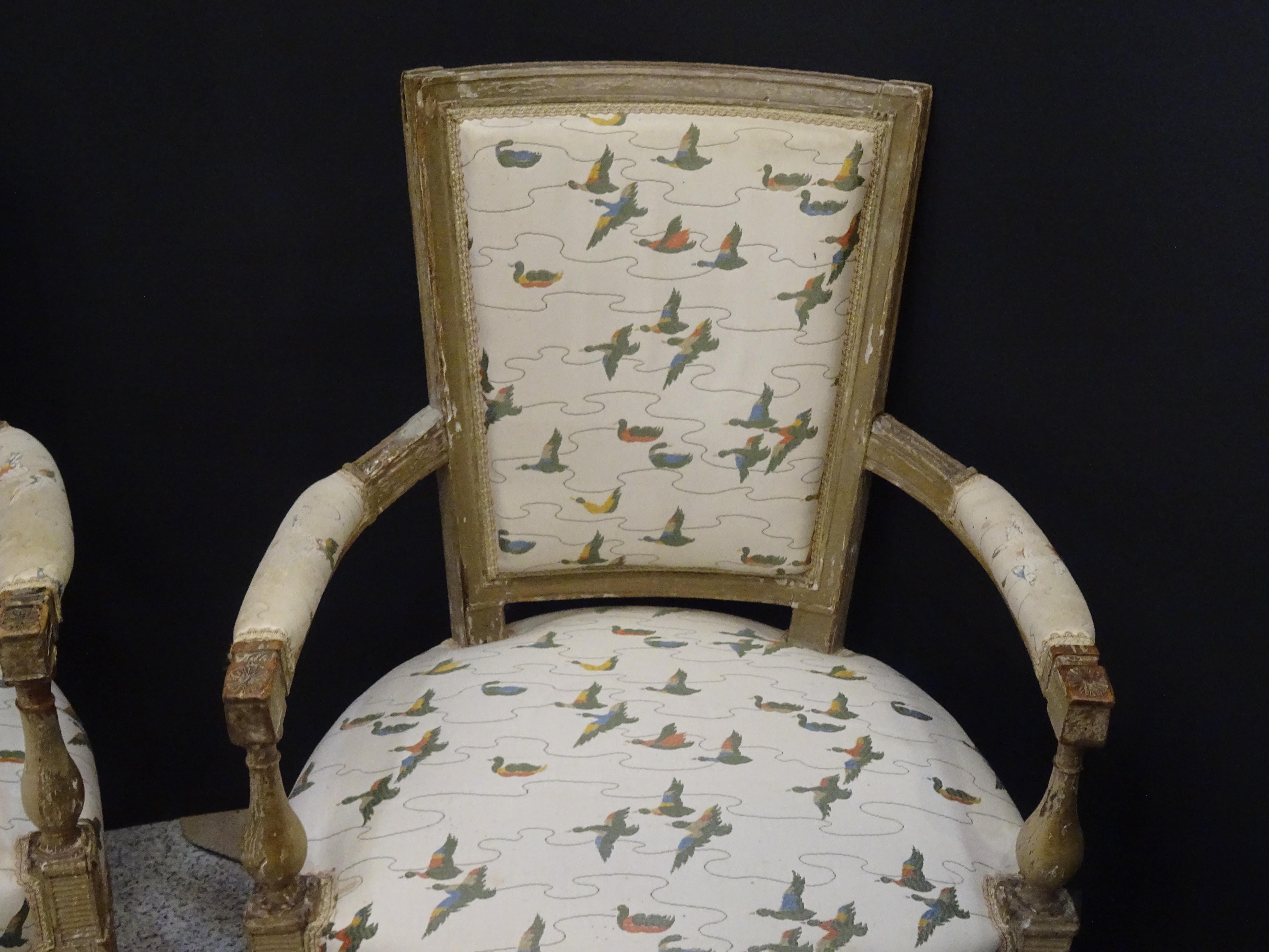 Hand-Crafted 19th Century French off White Luis XVI Couple of Armchairs