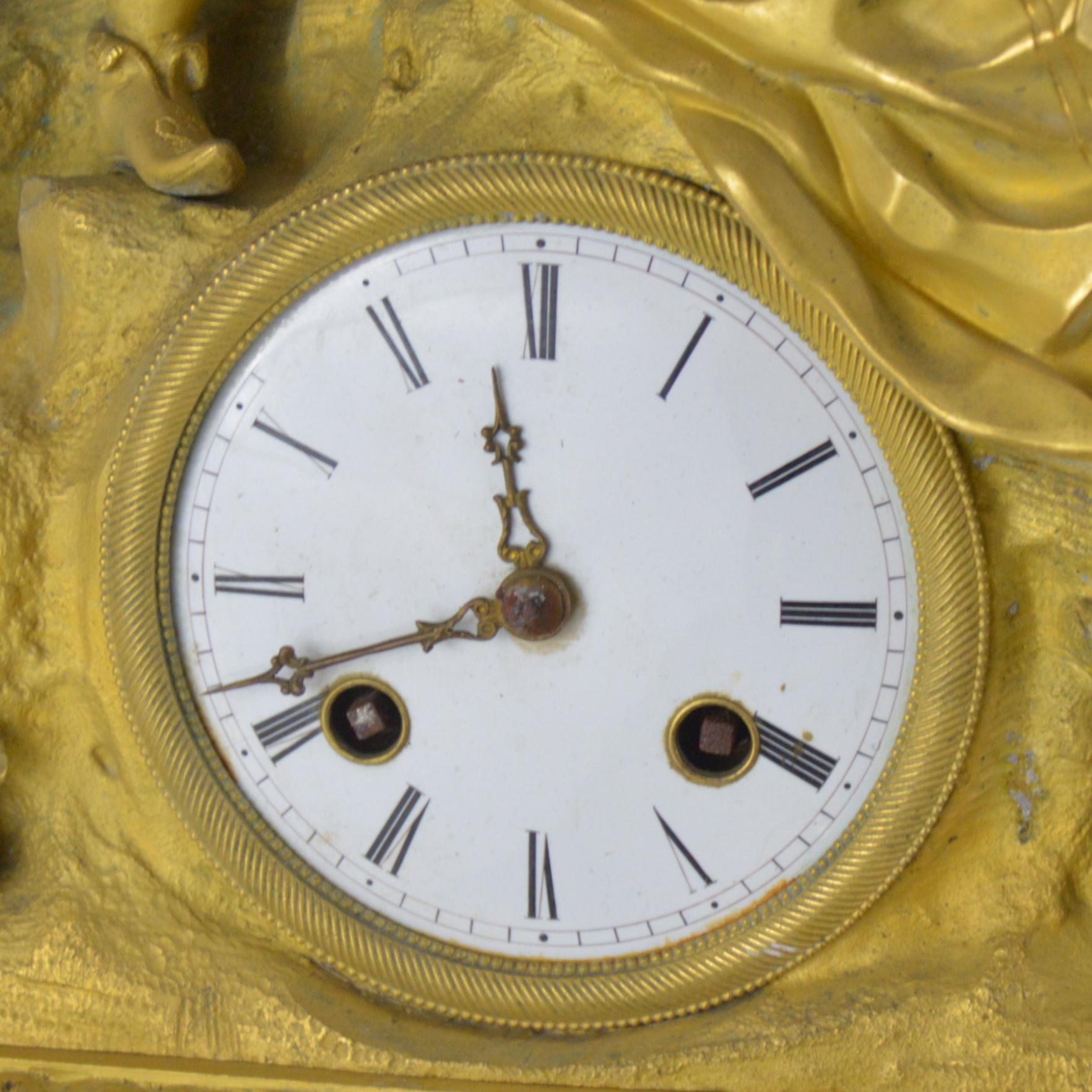 Mid-19th Century 19th Century French Ormolu Bronze Mantel Clock Representing Romantic Scene