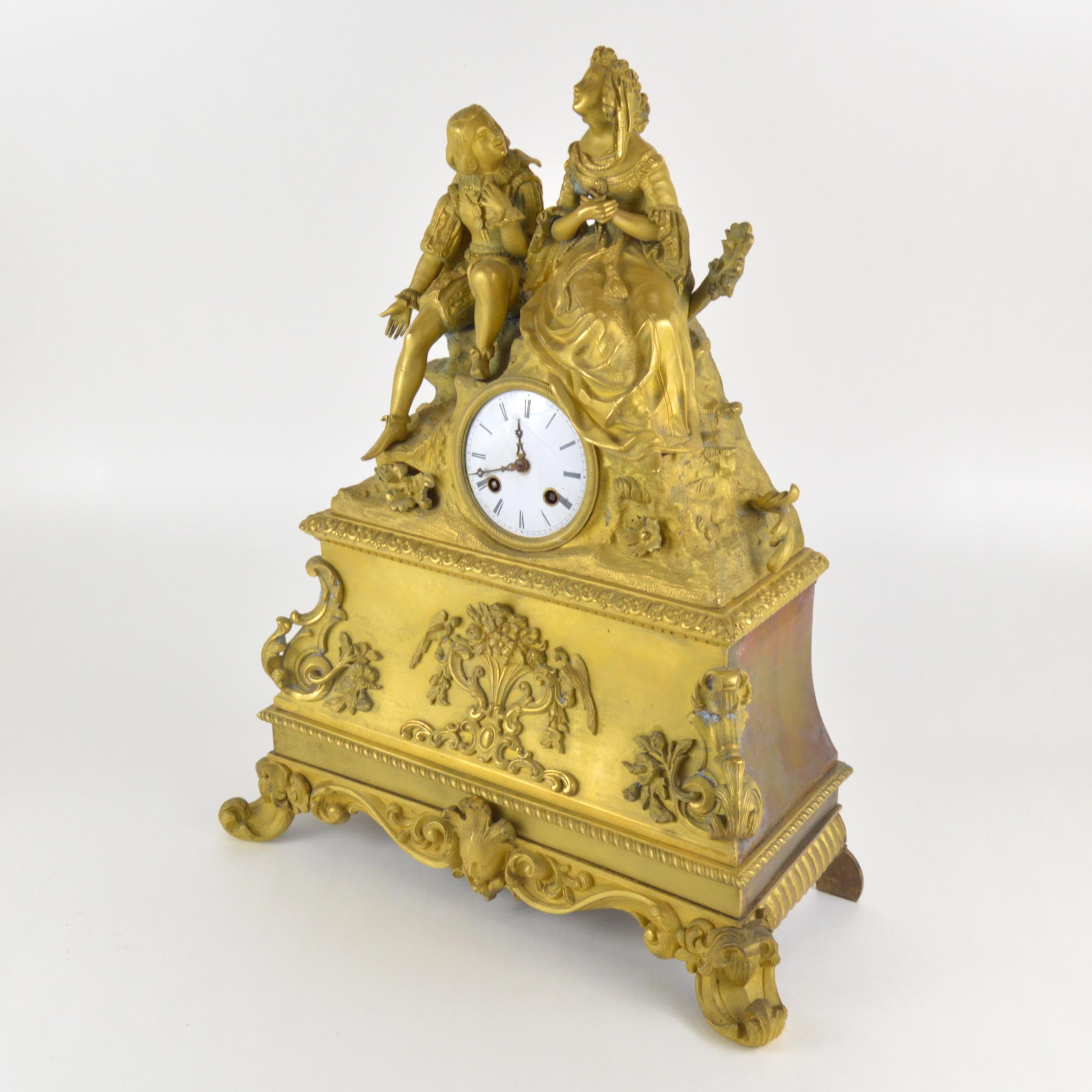 19th Century French Ormolu Bronze Mantel Clock Representing Romantic Scene 1