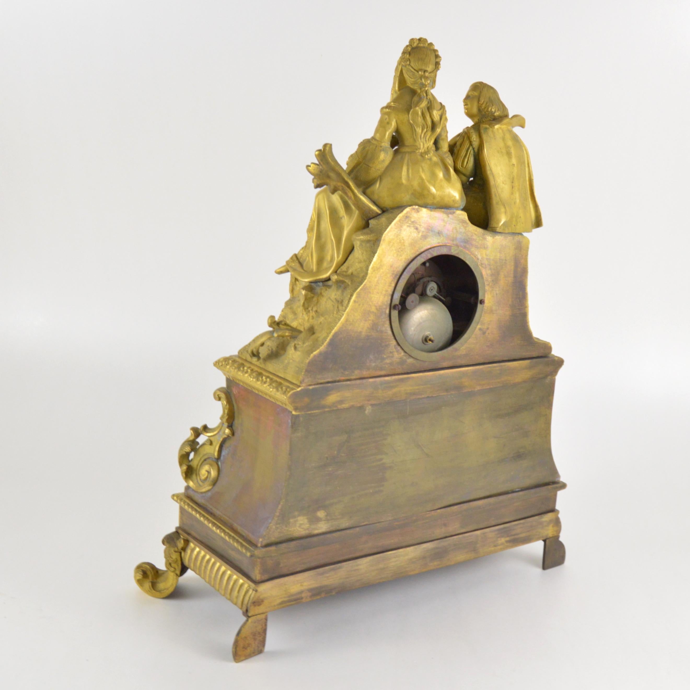19th Century French Ormolu Bronze Mantel Clock Representing Romantic Scene 3