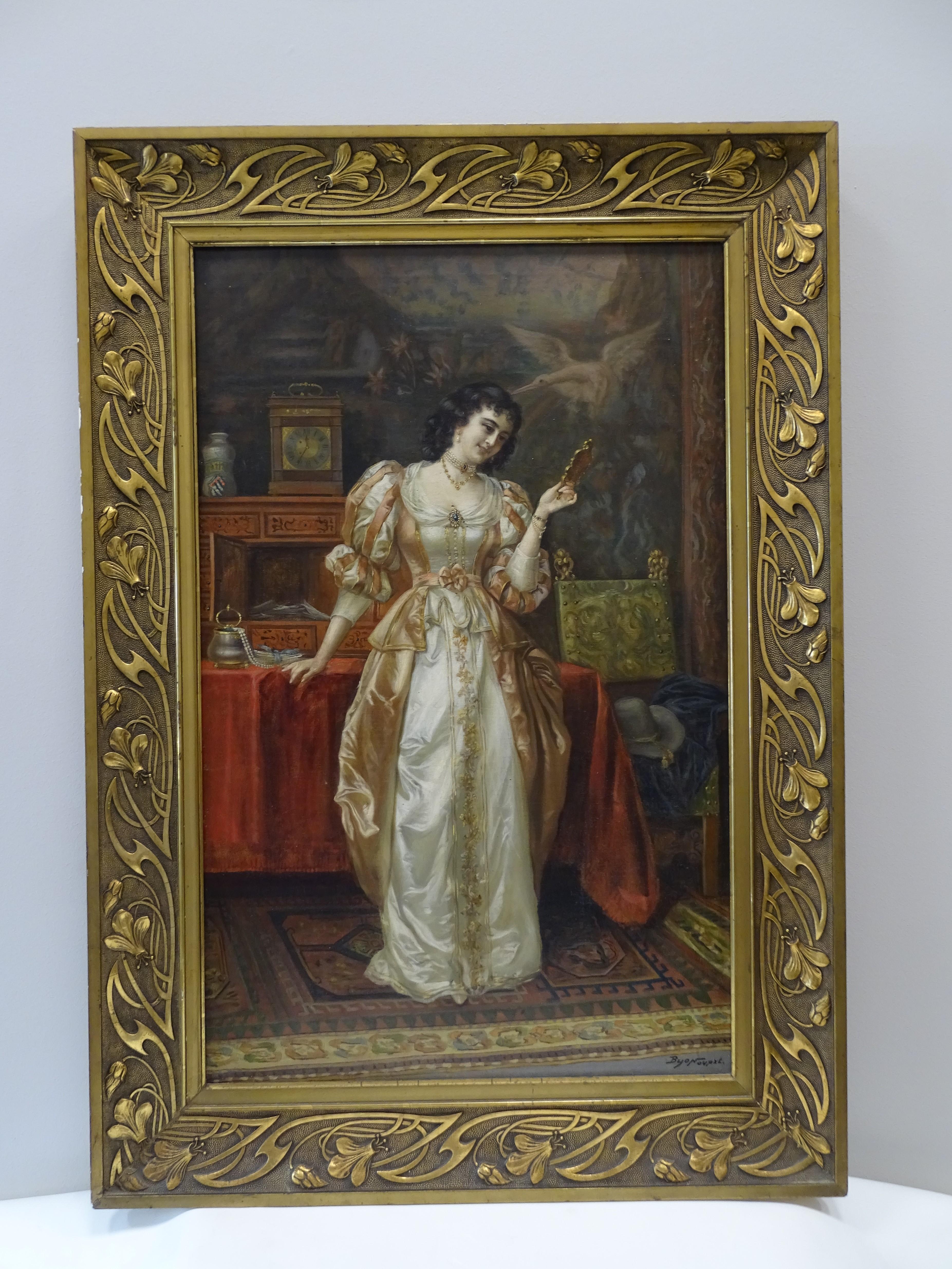 Gorgeous oil on canvas , French school, signed bottom right , Lady in an interior, reflects a lady from the end of the 20 th century in a domestic interior of a castle , richly decorated, shown in detail in the decorative elements , such as chair,