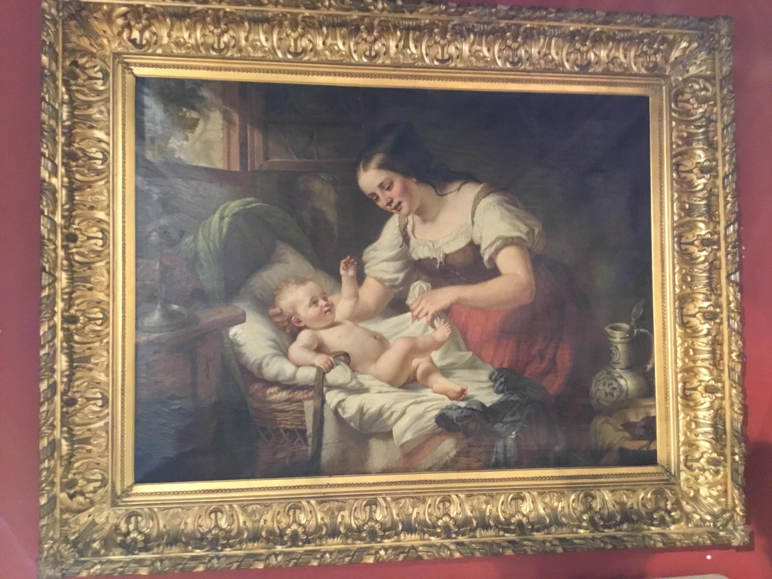 19th Century German Oil Painting Signed H Oehmichen of a Mother and Child In Good Condition For Sale In Houston, TX