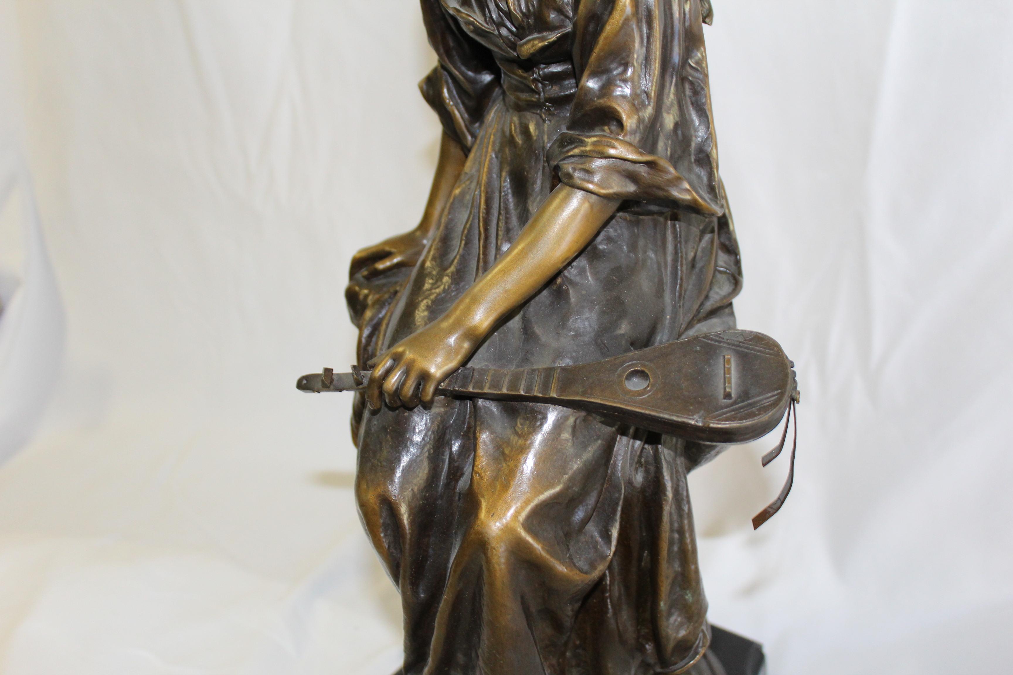Art Nouveau 19 Th century  Lady Bronze with mandolin, Signed For Sale