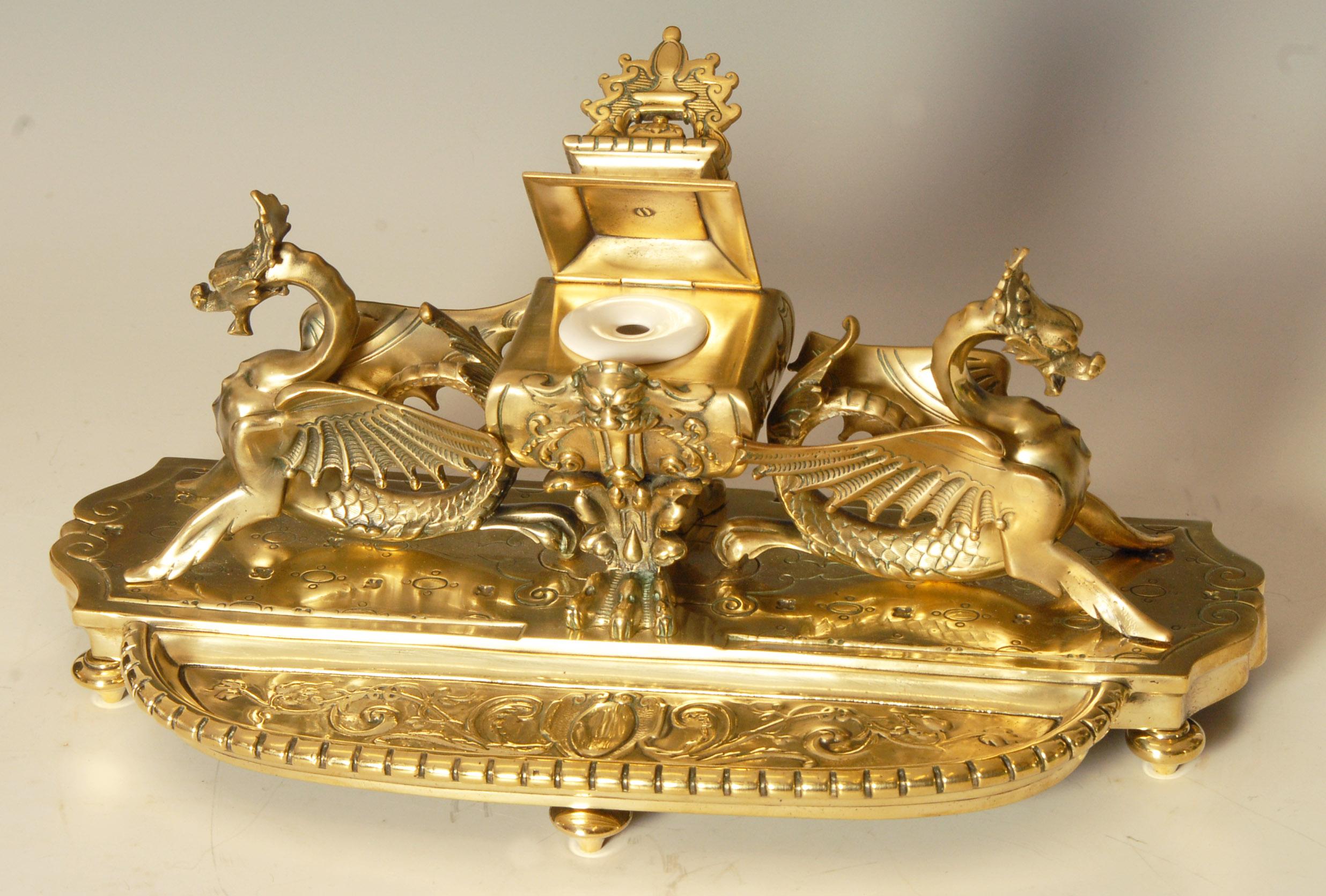 Victorian 19th Century Large Bronze Inkwell with Dragons For Sale
