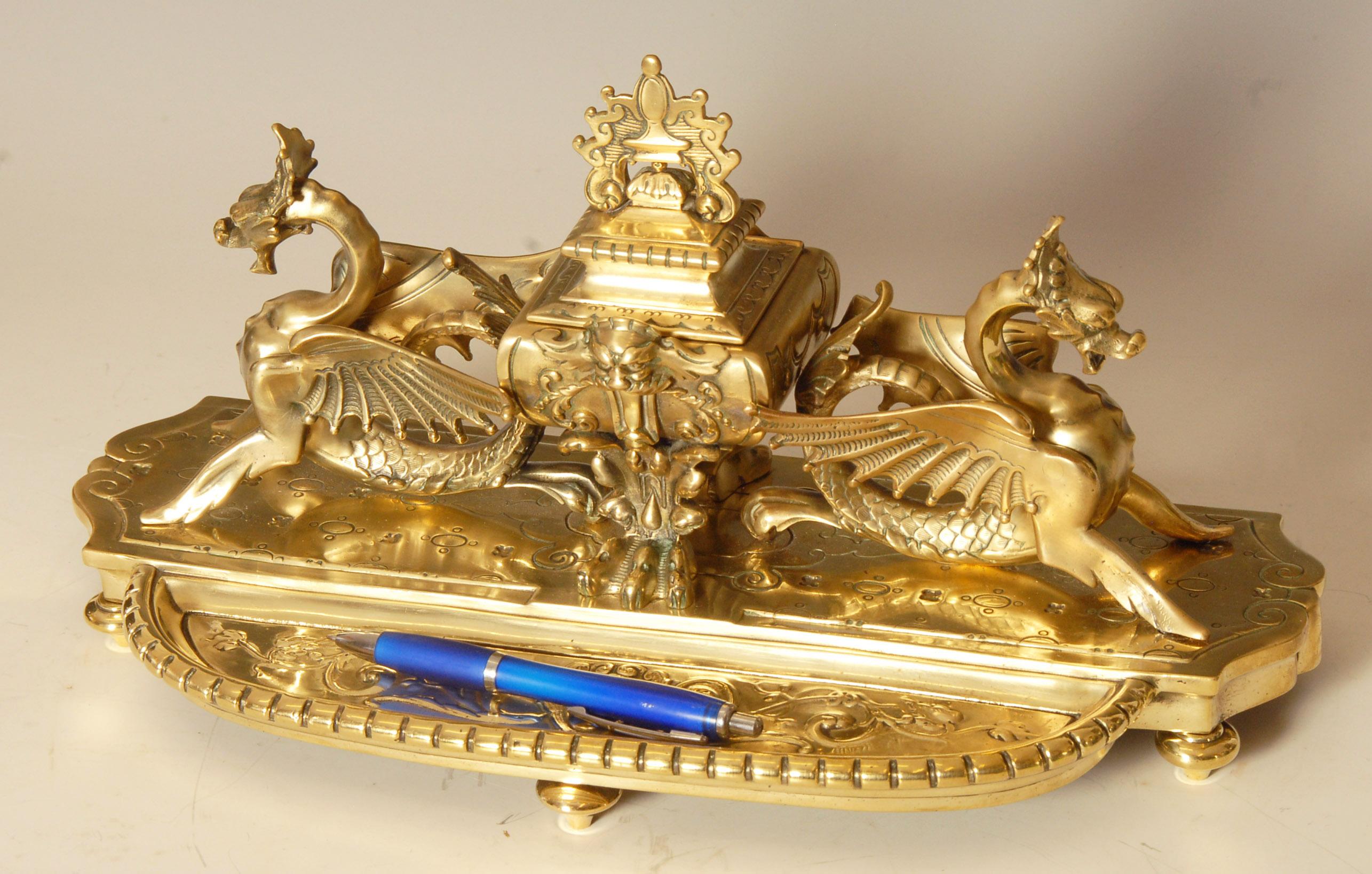 French 19th Century Large Bronze Inkwell with Dragons For Sale