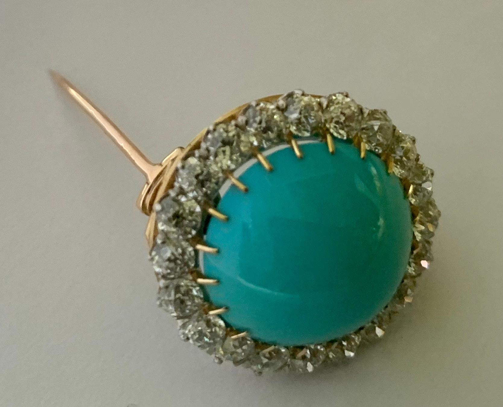 19th Century Persian Turquoise Old Mine Diamond Gold Brooch 3