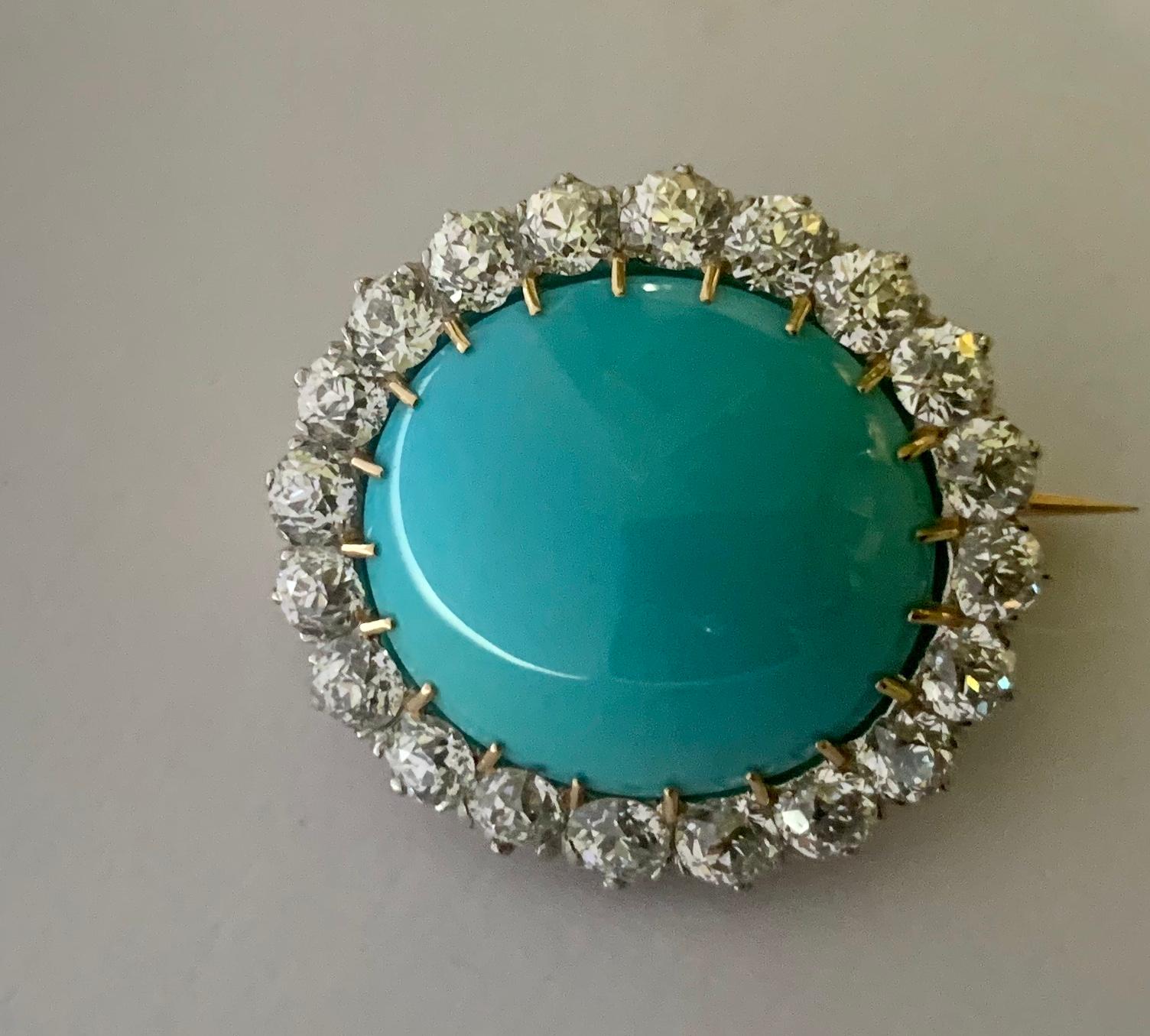 Victorian 19th Century Persian Turquoise Old Mine Diamond Gold Brooch
