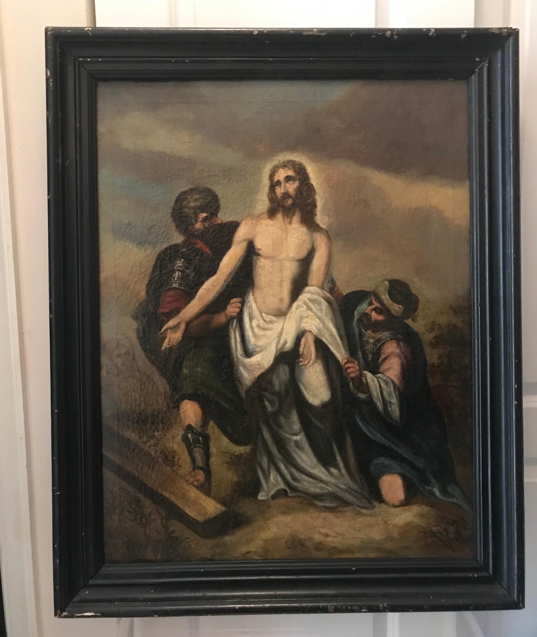 19th century religious painting, oil on canvas, Jesus Christ. In original frame.