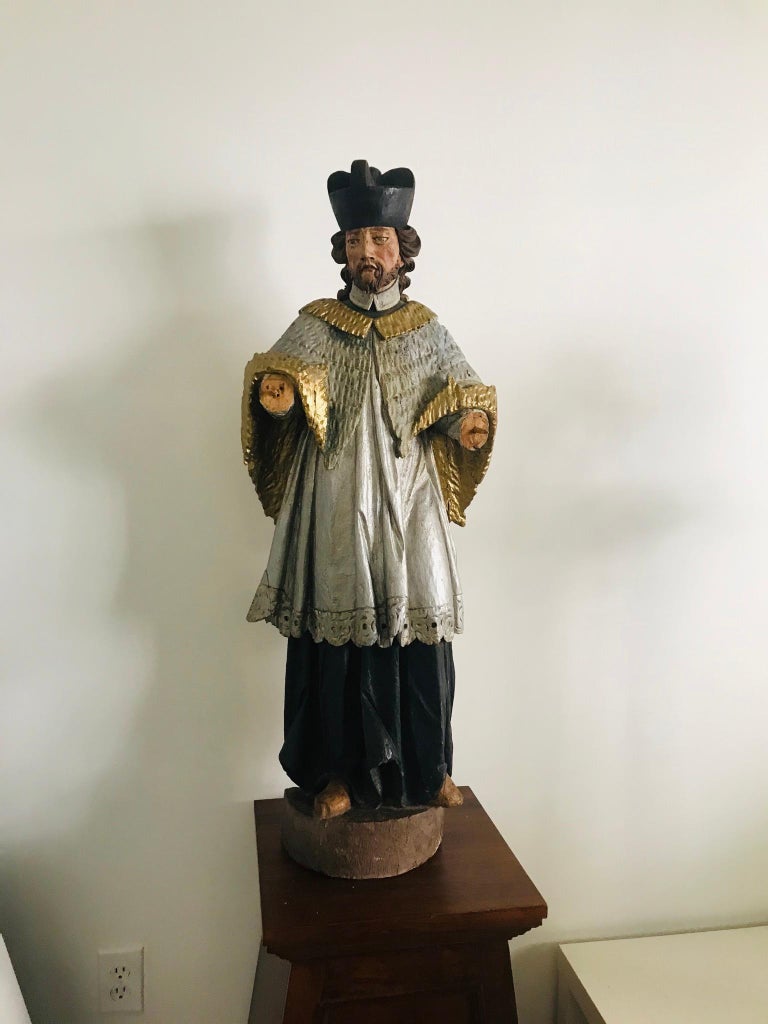 19th Century Religious Polychrome Wood Sculpture of a Saint at 1stDibs