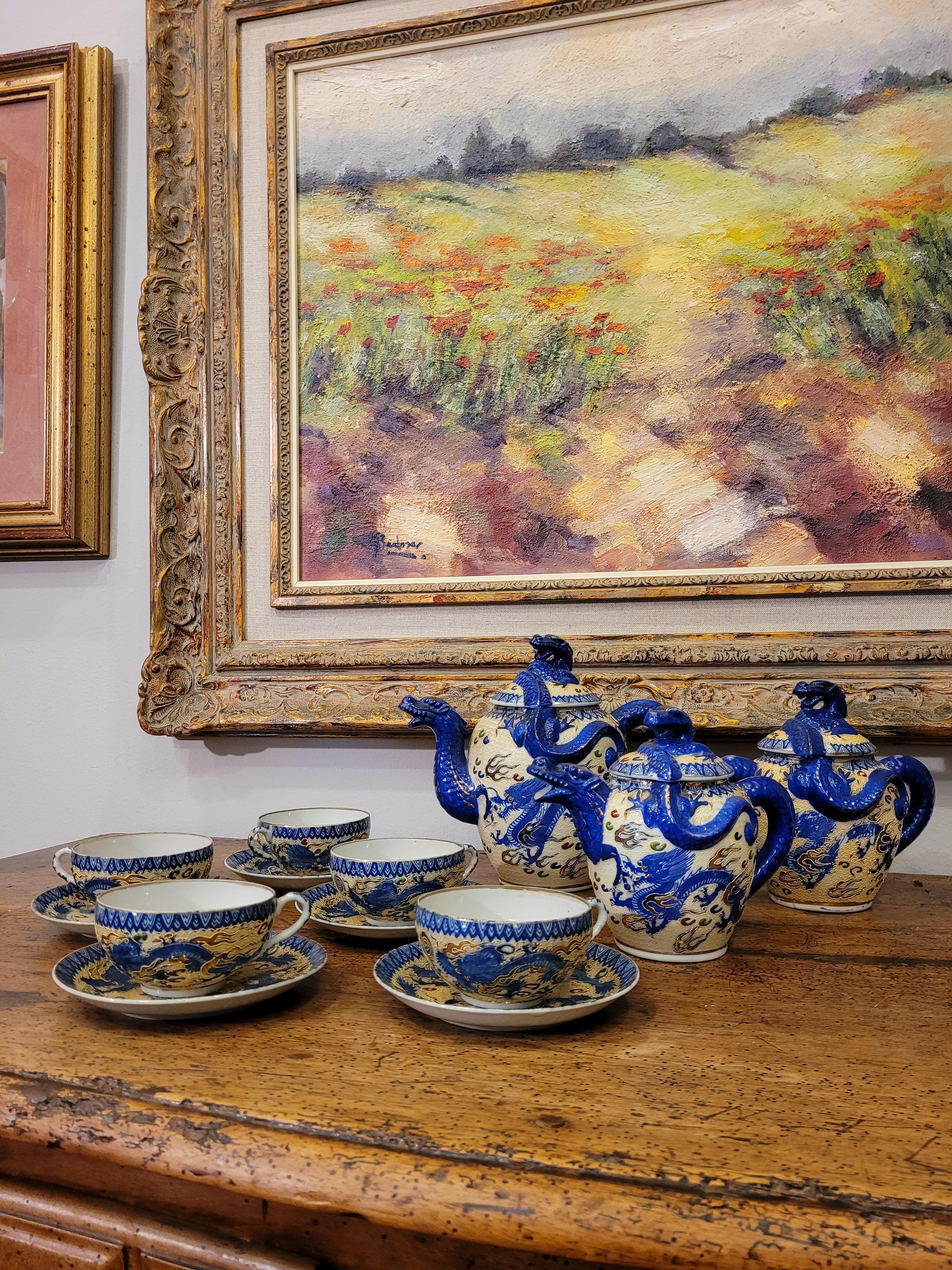 Porcelain 19 Th Century Satsuma Set of Blue Tea Service, Japan, Meiji Period