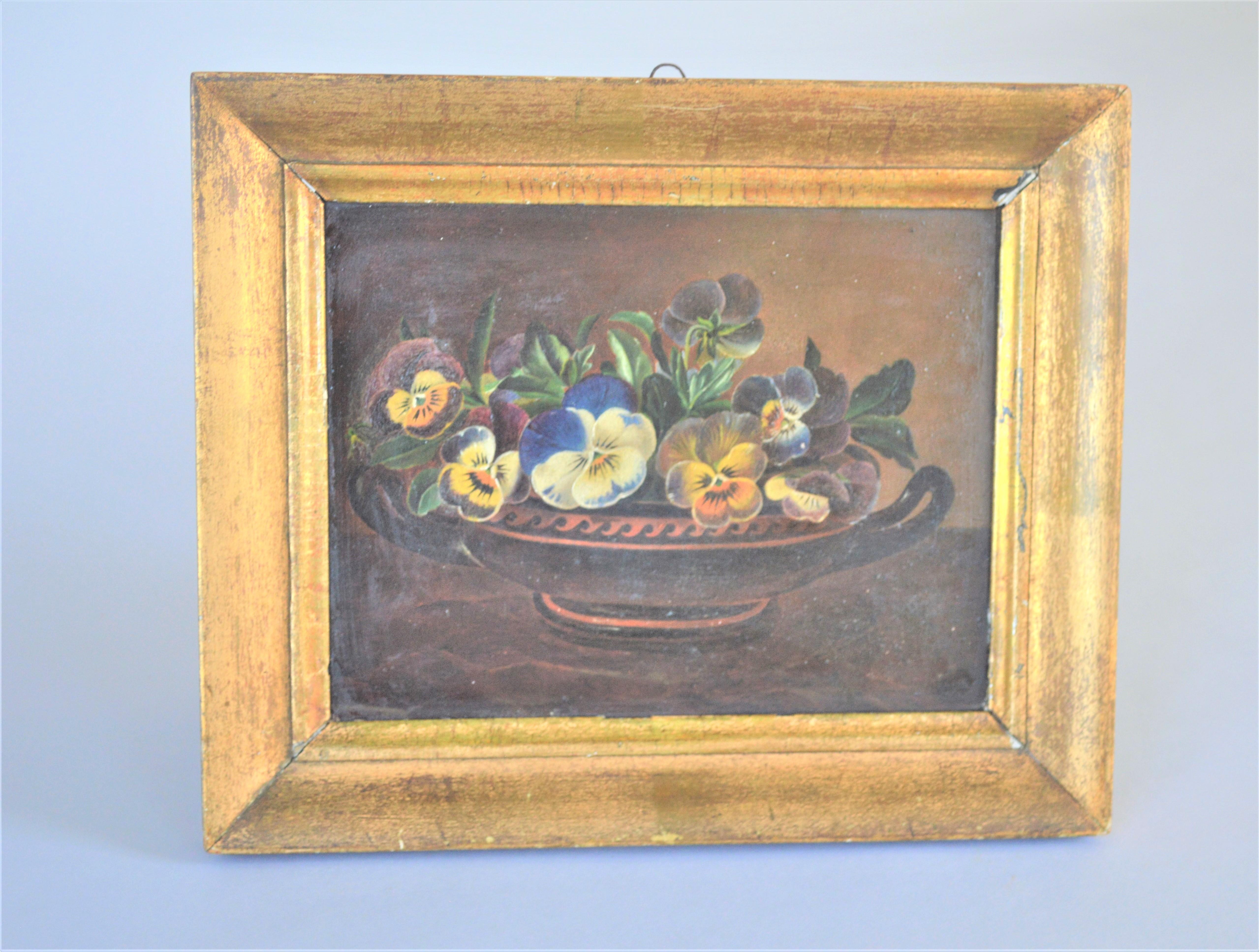 Flower painting, oil on mahogany. Flowers in a classical bowl on a table
guilded wooden frame.