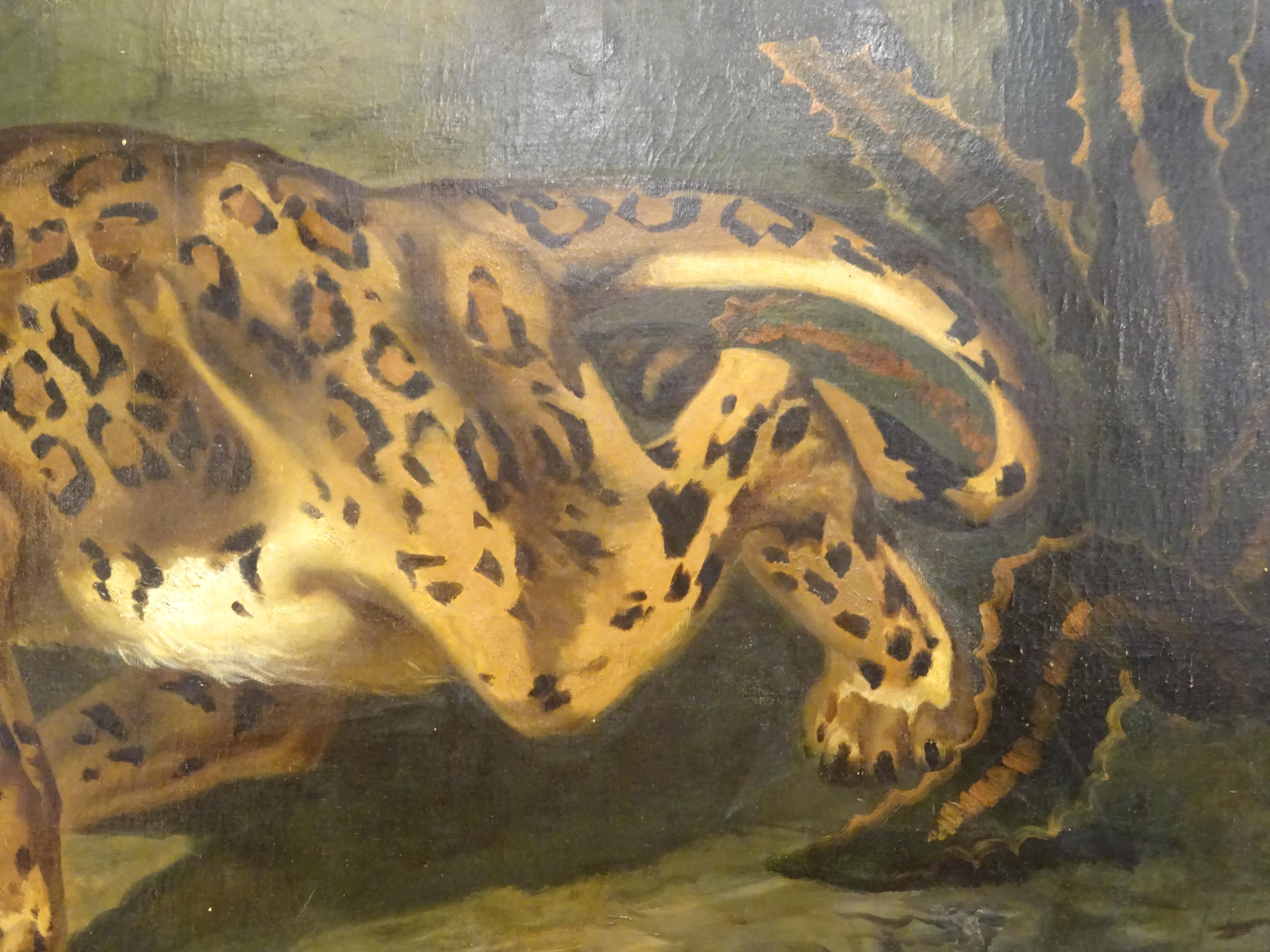 19th Century French Large Painting, Leopard, Oil on Canvas, Signed 5