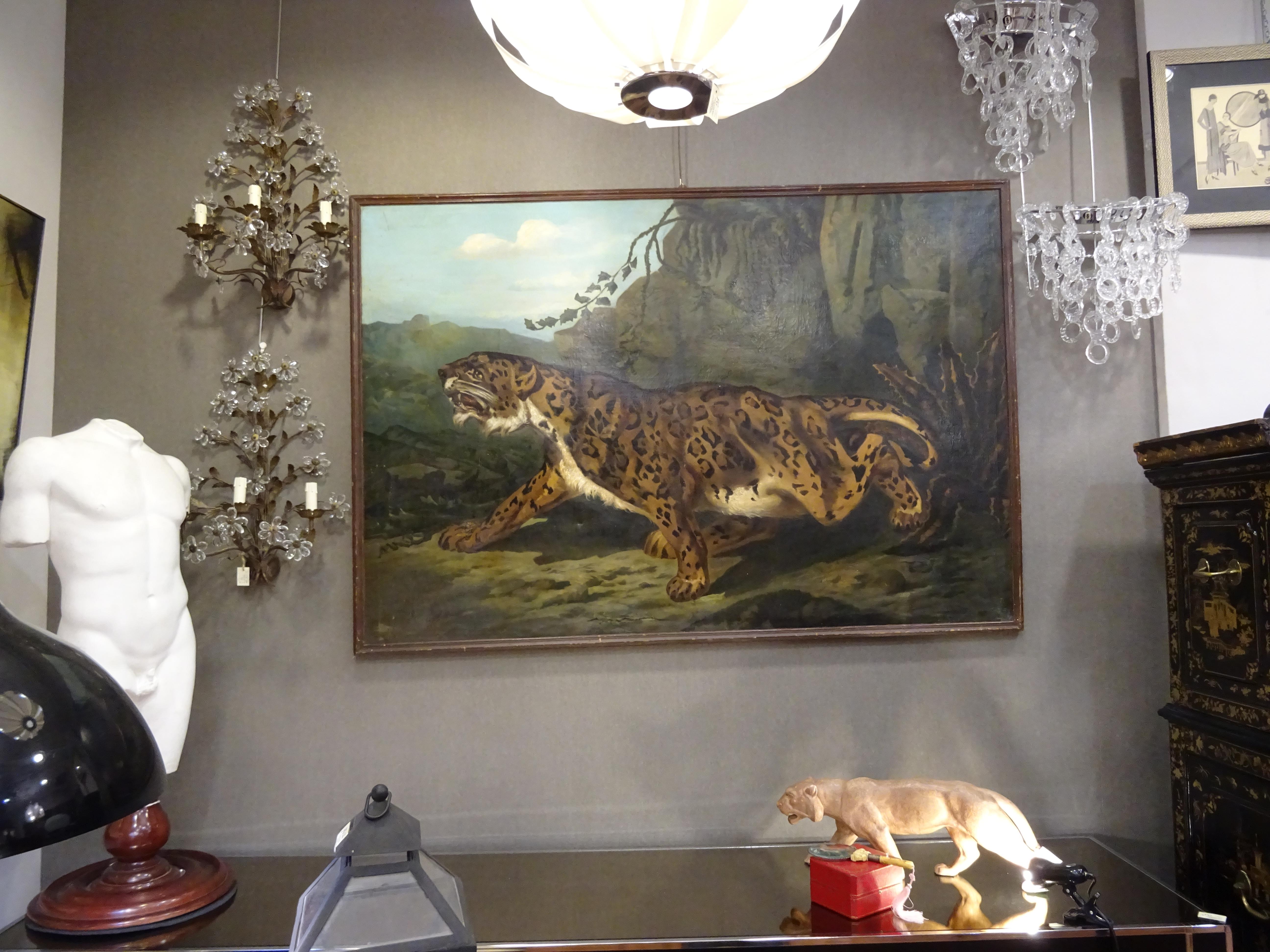 19th Century French Large Painting, Leopard, Oil on Canvas, Signed 7